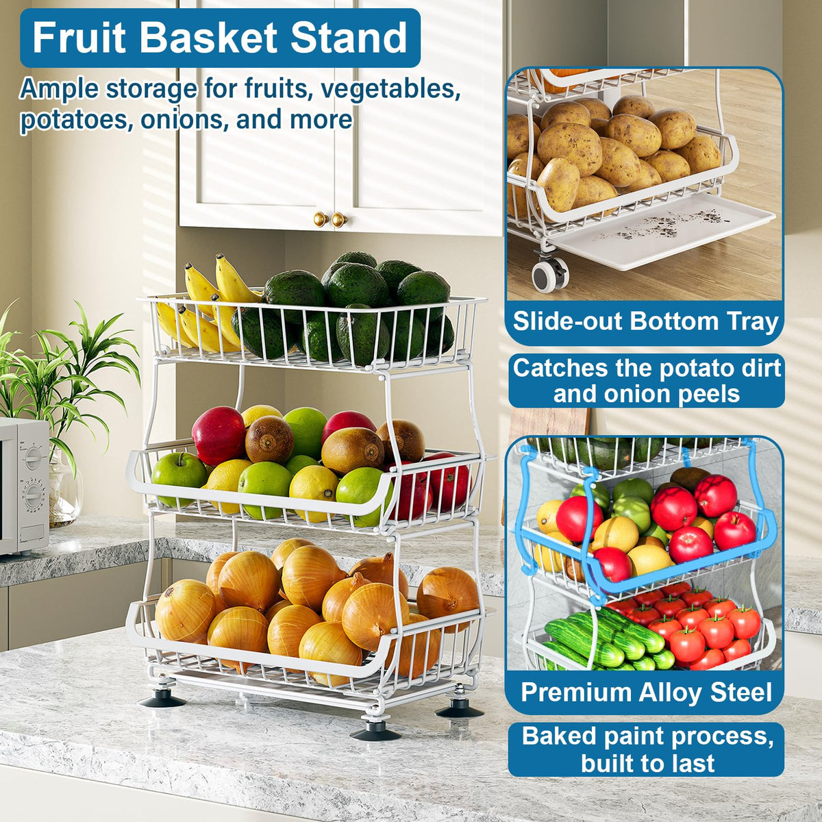 OKZEST 3-Tier Rolling Pantry Floor Organizers and Storage Cart with Wheels