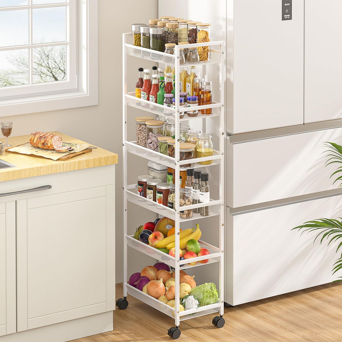 6 Tier Slim Rolling Storage Cart, Narrow Mobile Shelving Unit Organizer Utility Cart with Wheels