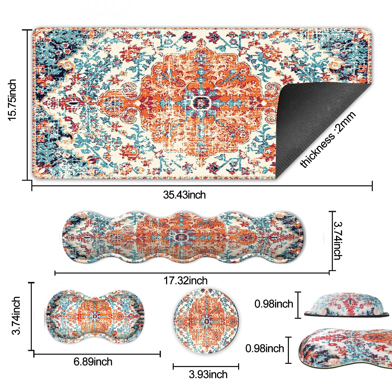 iLeadon Keyboard Mouse Pad Set, Large Boho Desk Mat with Wrist Rest