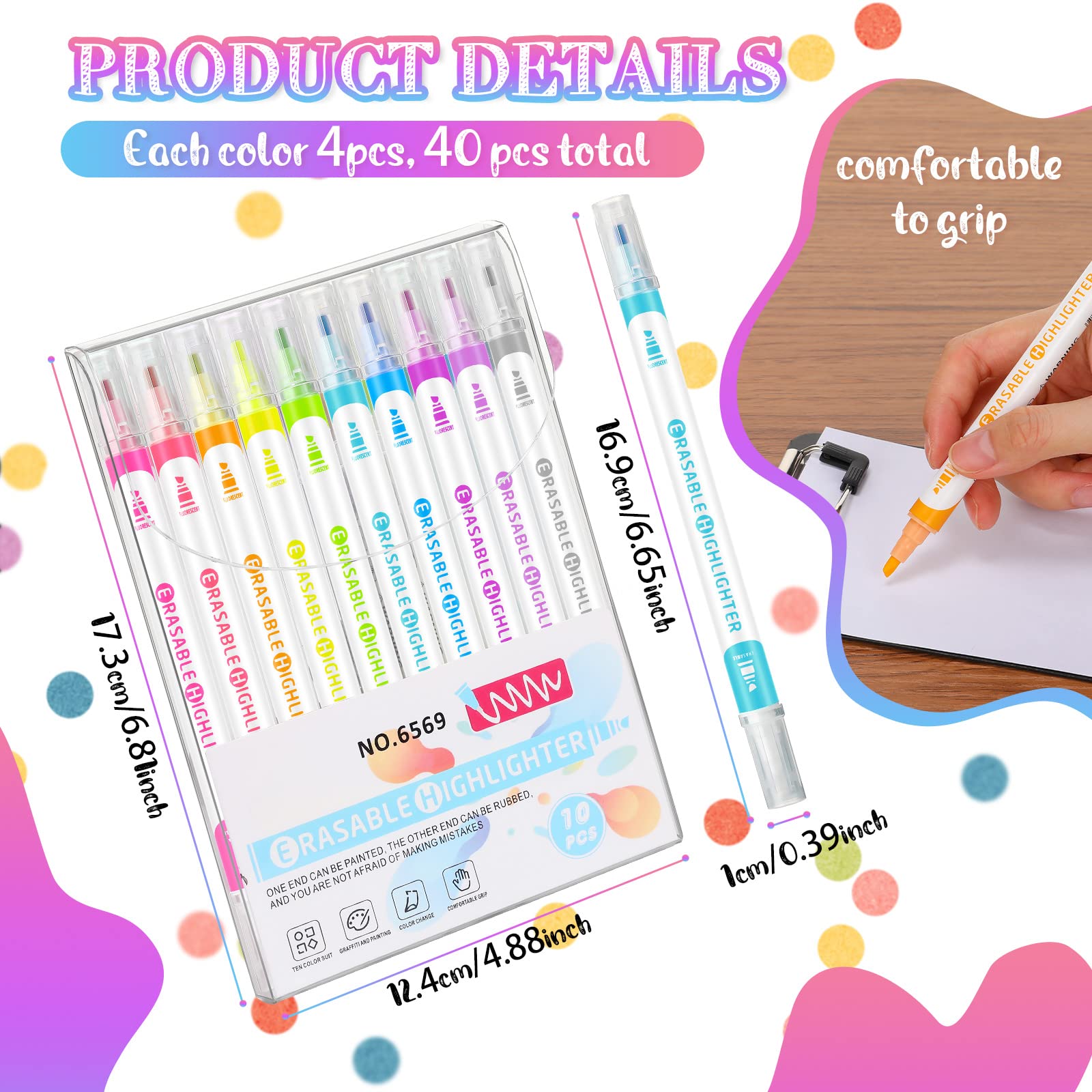Zhehao 40 Pcs Erasable Highlighters Set, 10 Assorted Pastel Colors