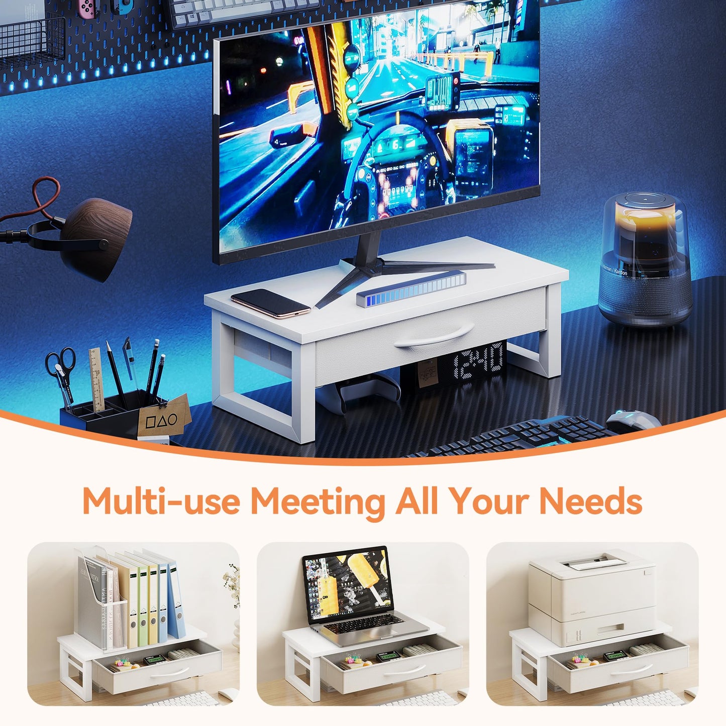 HEWORLIF Desk Organizers and Accessories, Computer Monitor Stand Riser with Drawer, White Laptop