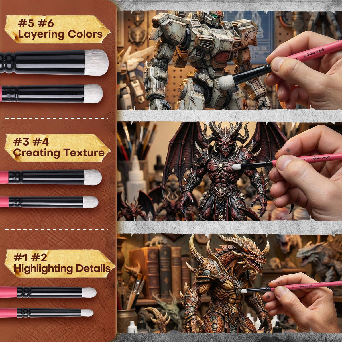 Golden Maple Dry Brush Miniature Painting Drybrush Set - 6PC Professional Modellers Miniature Paint