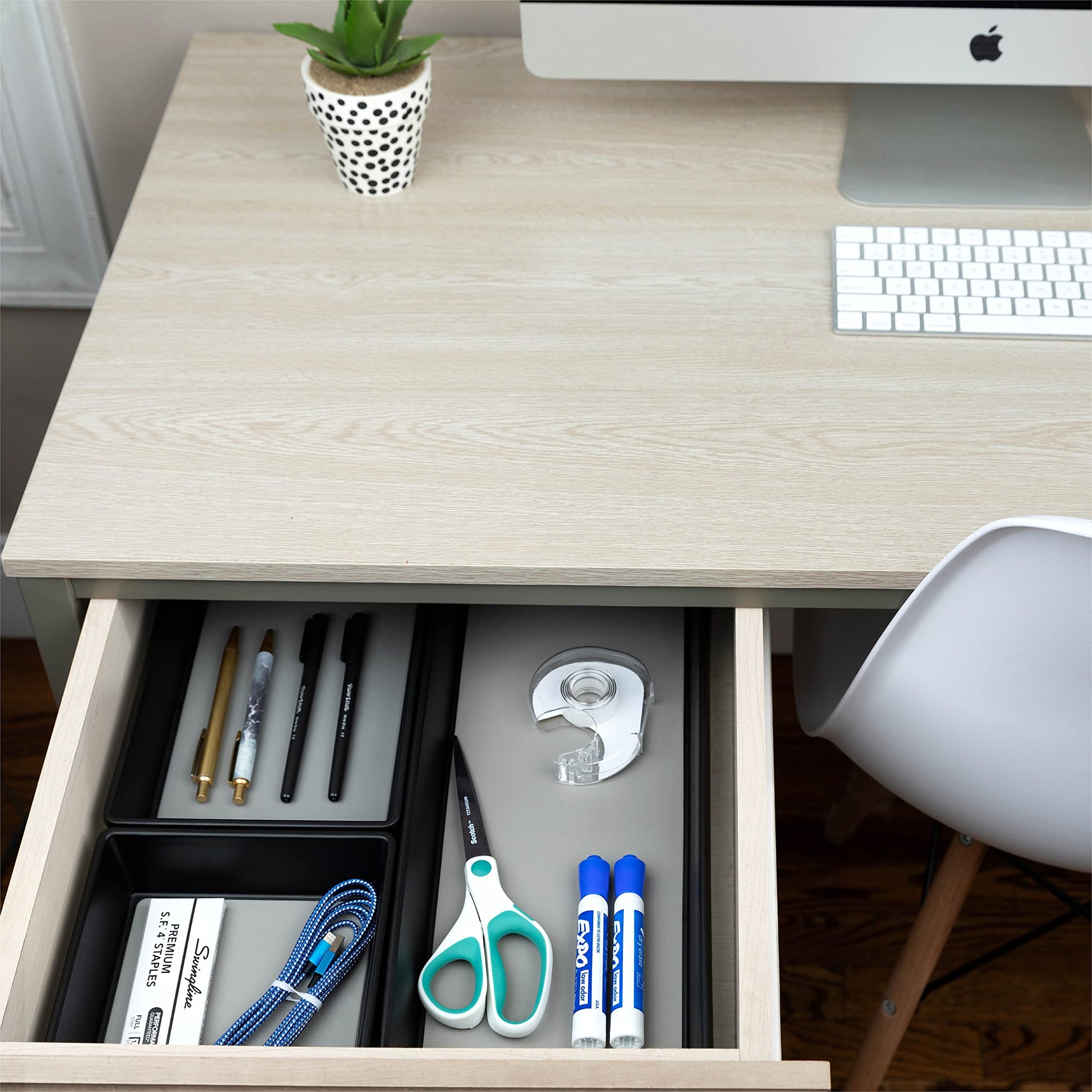 LIVORINI Plastic Drawer Organizer Trays Office Desk Storage Bins, 3-Sizes