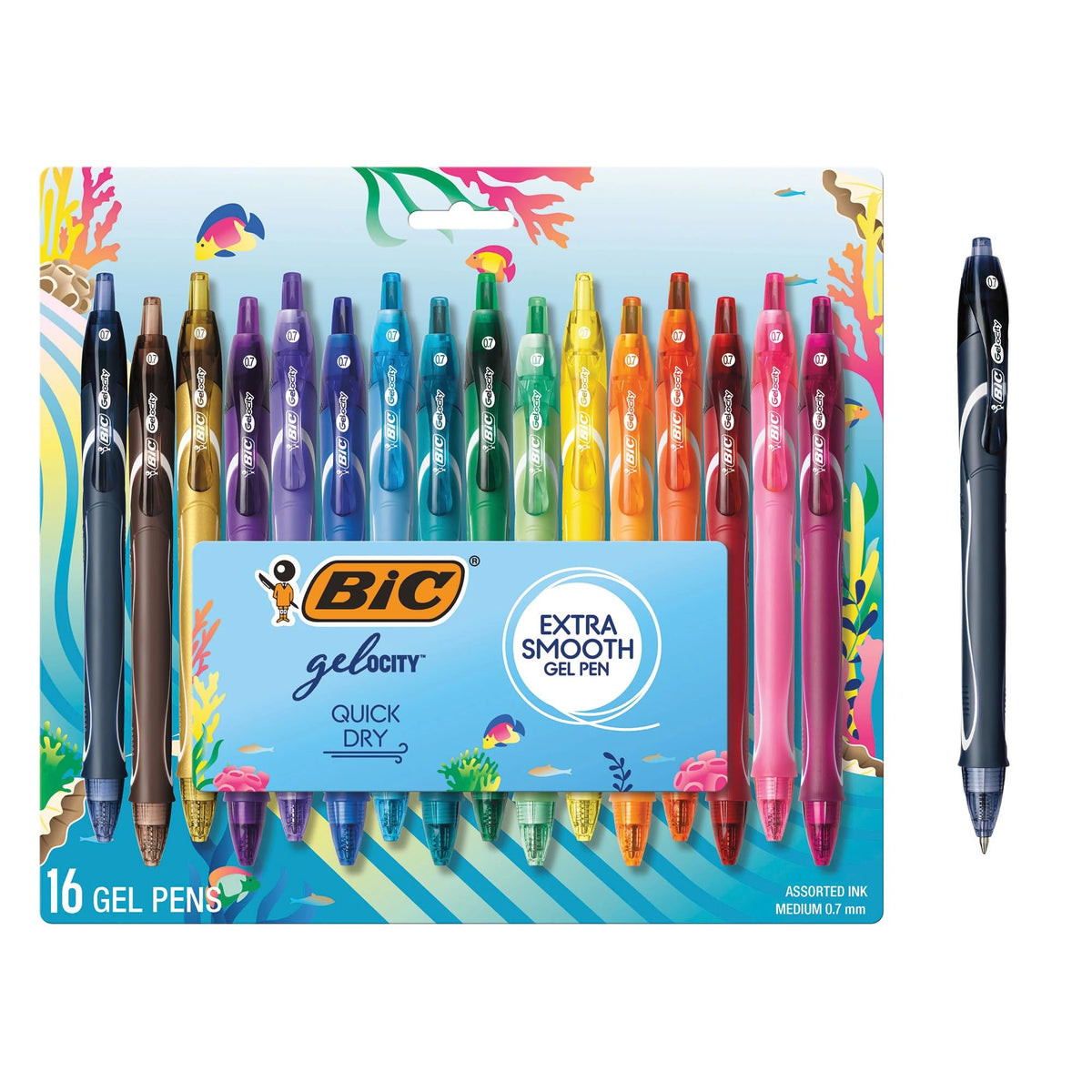 BIC Ocean Themed Gel Pens, Assorted Colors, Medium Point, 0.7 mm, 16-Count