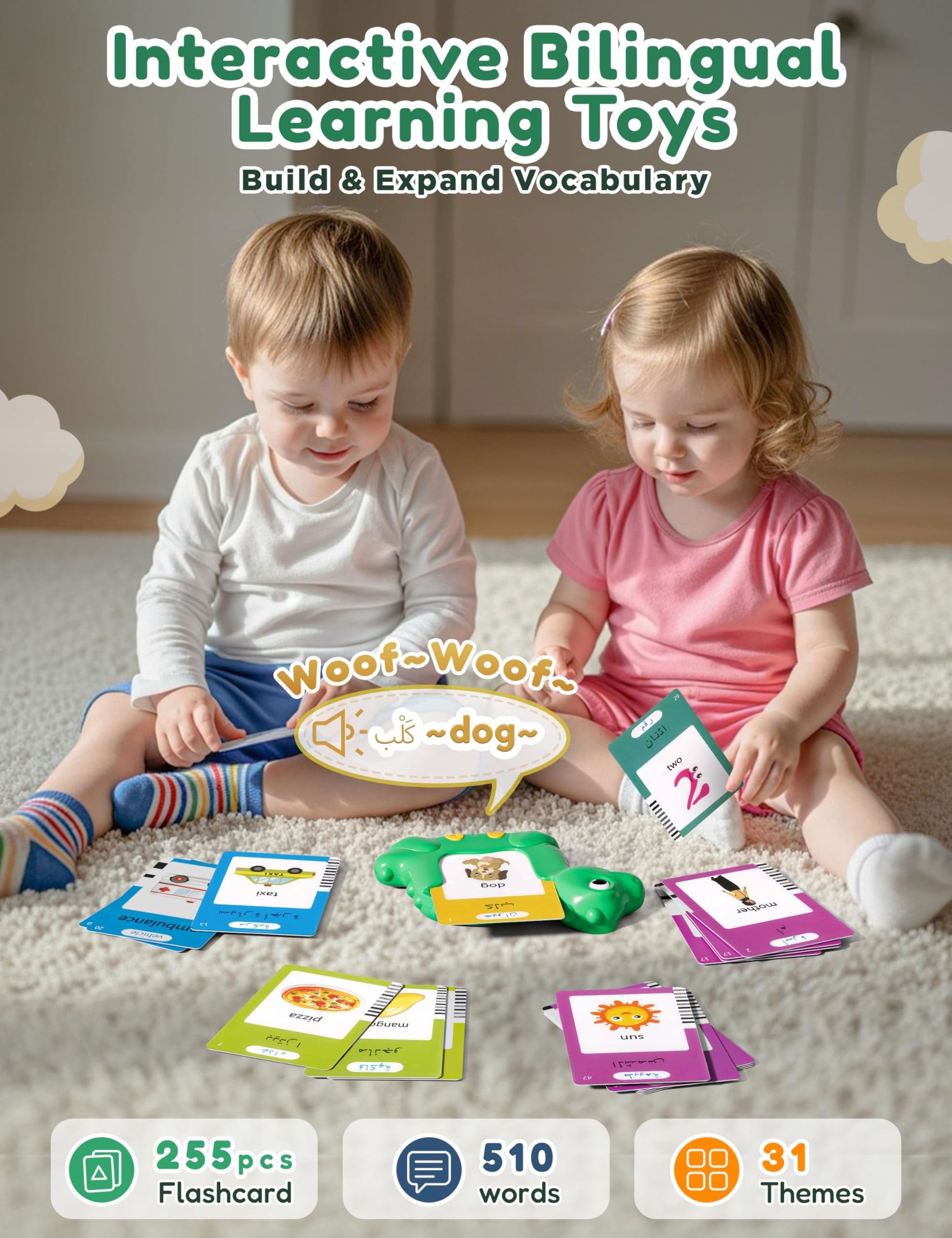 Arabic and English Talking Flash Cards for Kids, 510 Words, Dino Shaped
