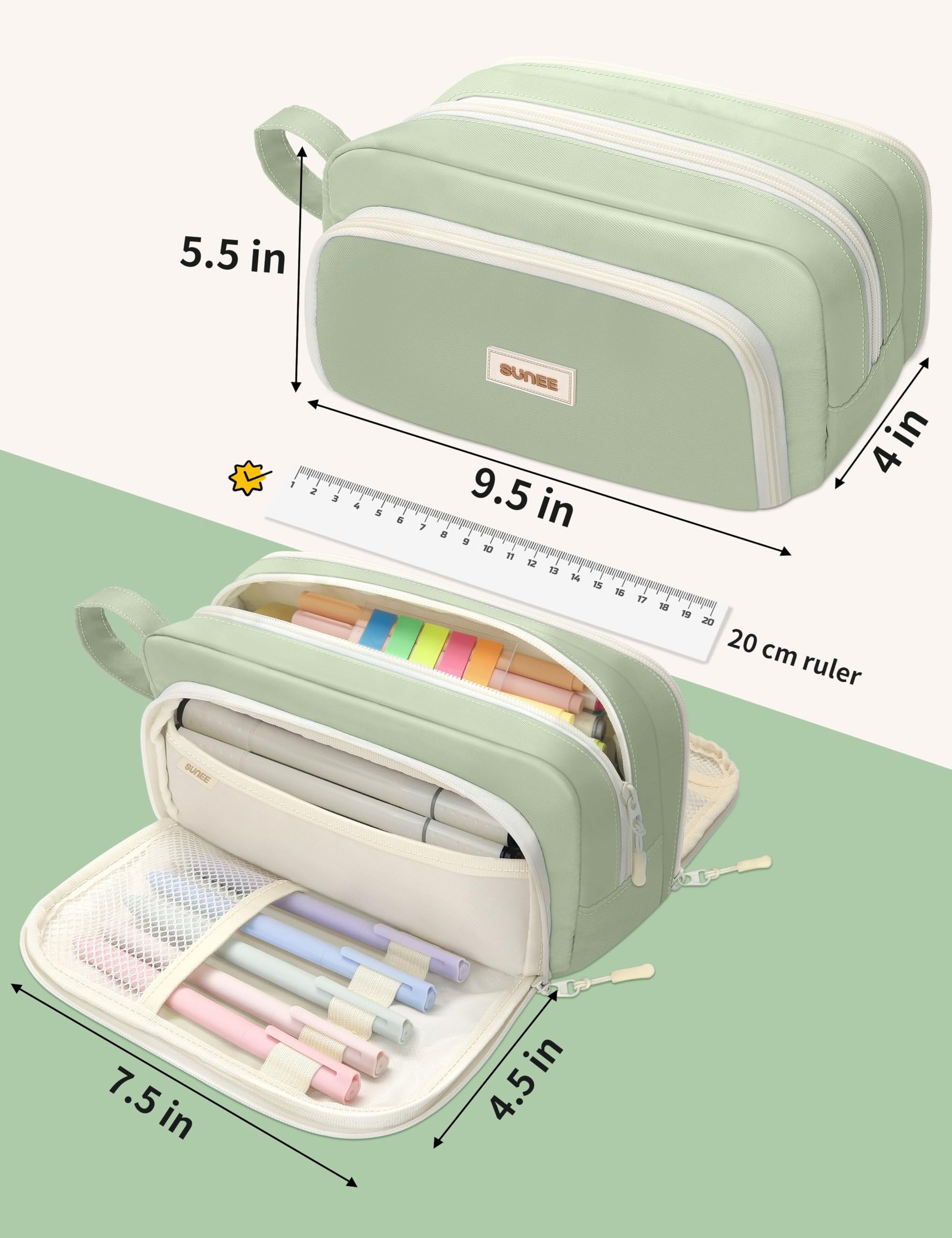 SUNEE Cute Pencil Case, Aesthetic Pen Pouch with 3 Compartments, Kawaii Colored Large Pencil Bag