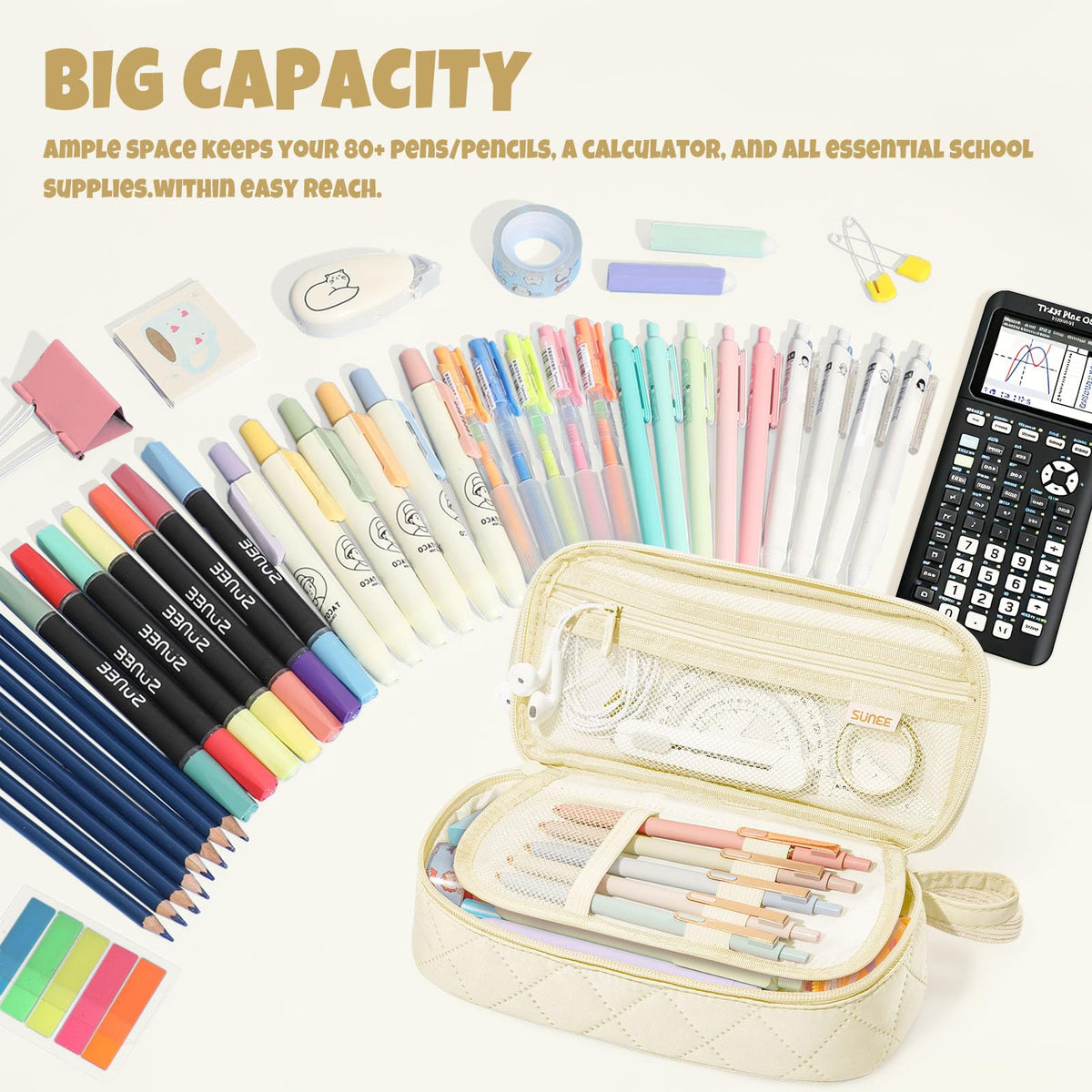 SUNEE Cute Pencil Case, Large Capacity Pencil Pouch Aesthetic Zipper Pencil Bag, Big Storage Pen