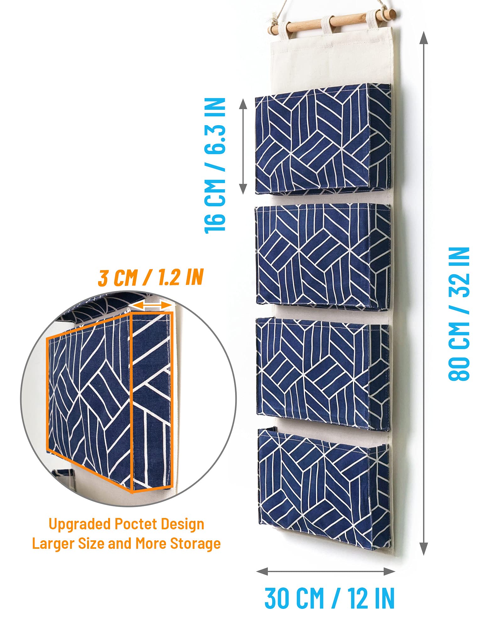 CROWNED 2Pcs Over Door Hanging Storage Bags Wall Mount Closet Organizer, 4 Big Pockets Linen Cotton