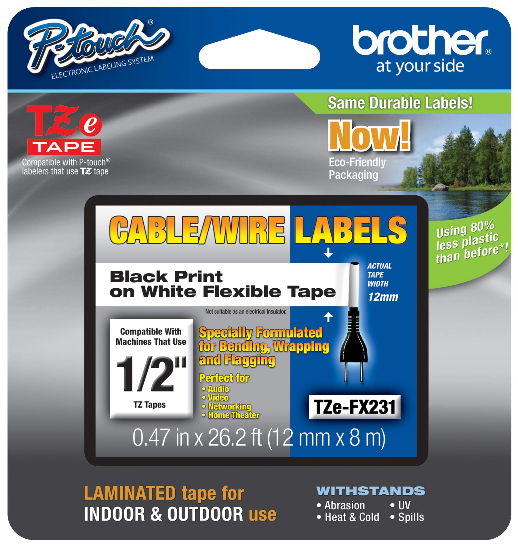 Brother Genuine P-Touch TZE-FX231 Tape, 1/2" (0.47") Wide Flexible-ID Laminated Tape, Black on