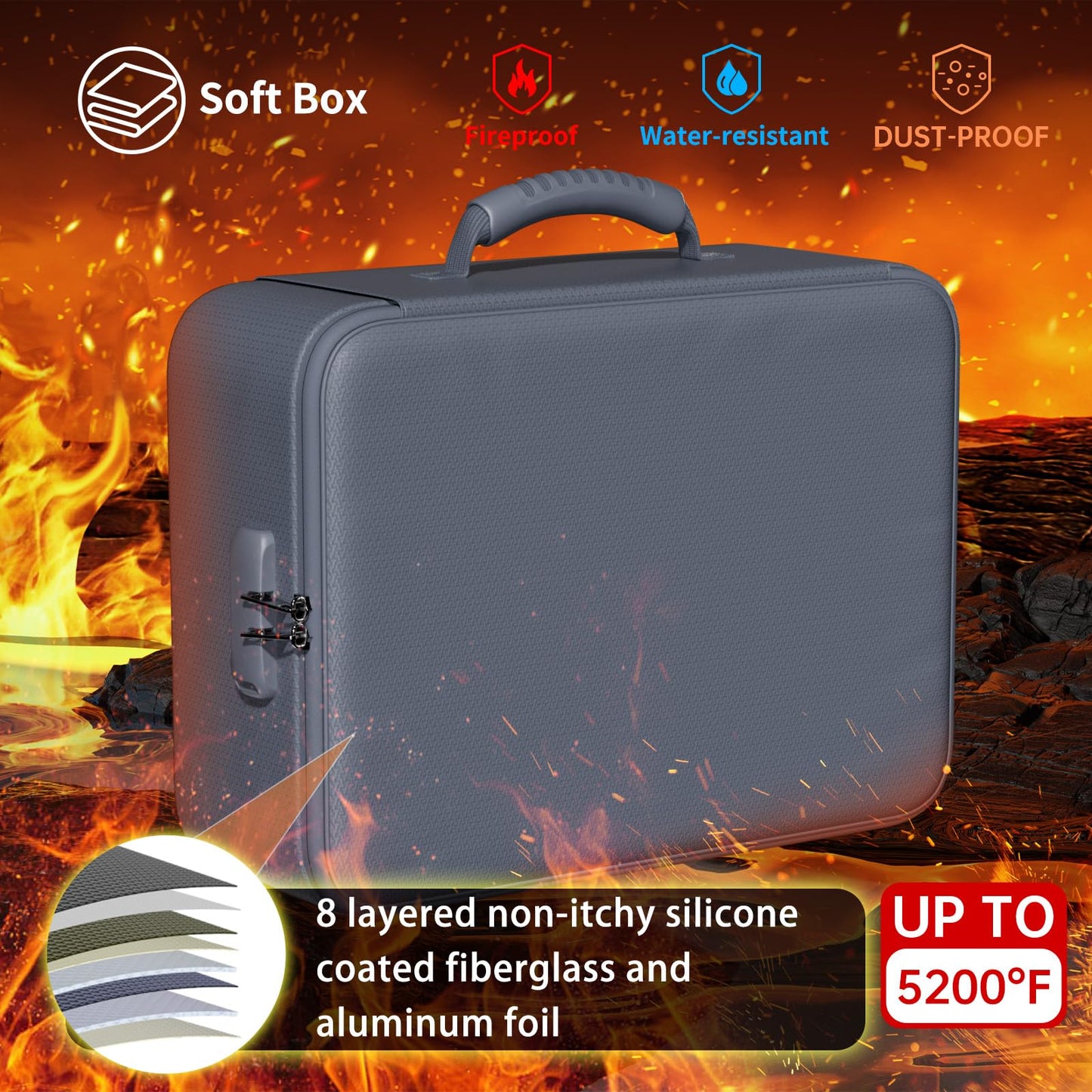 DocSafe 5200°F Fireproof Document Organizer Box with Lock, Gray (Soft)