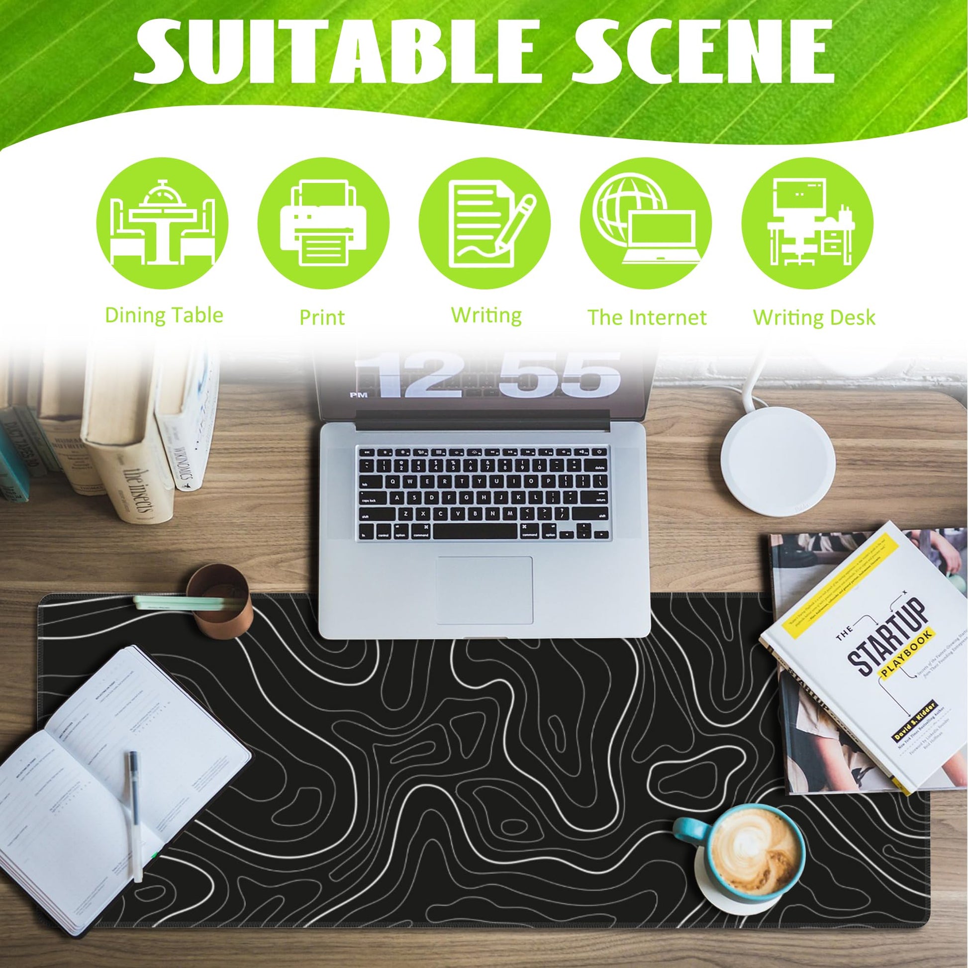 Eflxamz Desk Mat,Black Topographic Contour Map Desk Pad,Topographic Contour Large Gaming Mouse Pad