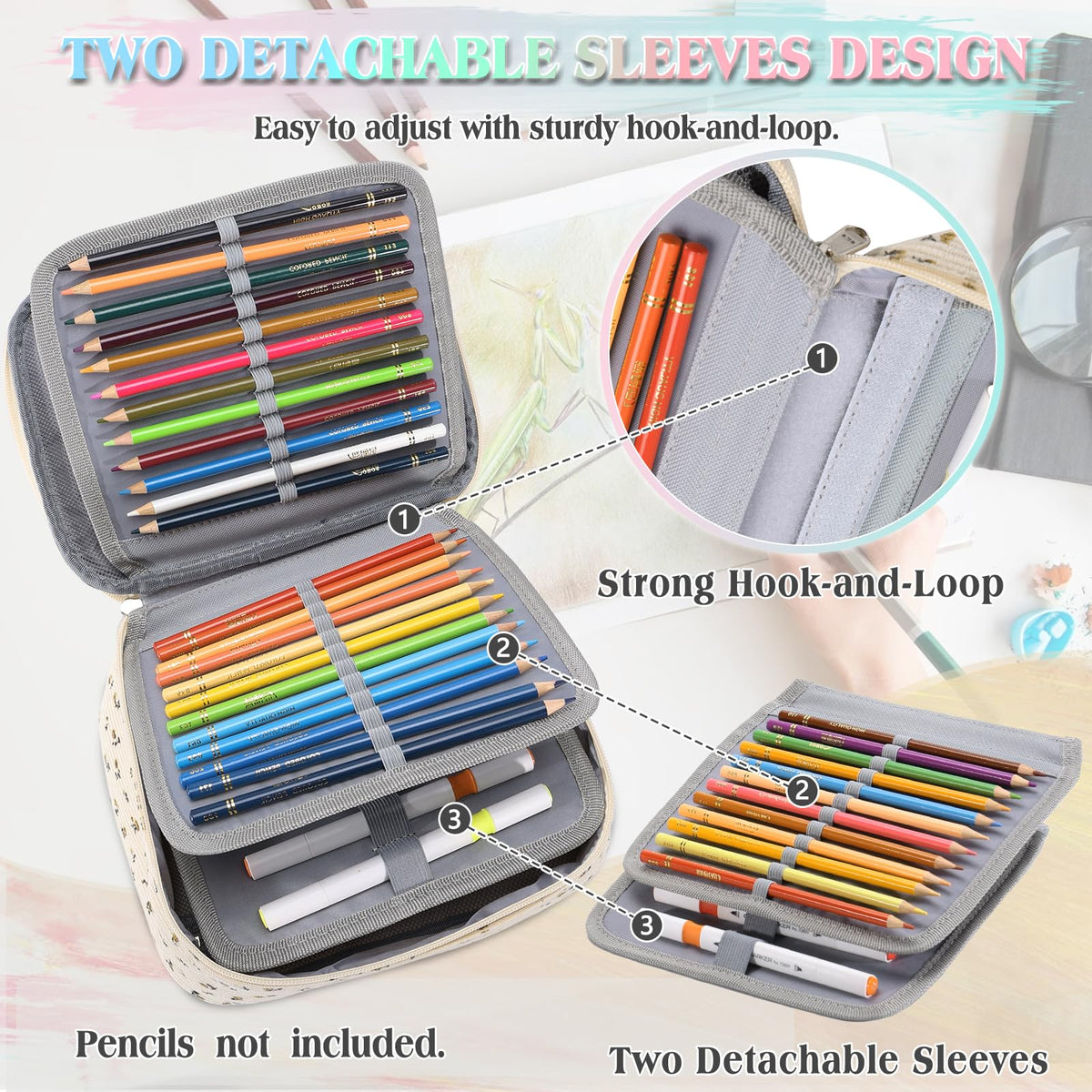 VX VONXURY Large Pencil Case, 54-Slot Colored Pen Pouch 2 Removable Sleeves