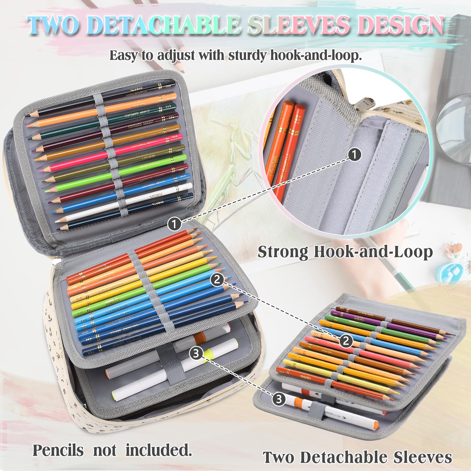 VX VONXURY Large Pencil Case, 54-Slot Colored Pen Pouch 2 Removable Sleeves