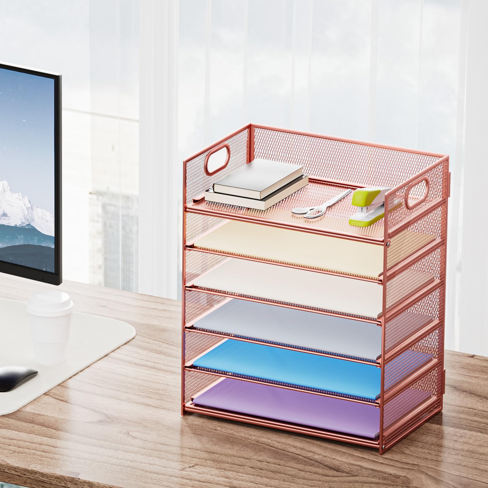 Marbrasse 6 Tier Paper Organizer Letter Tray - Mesh Desk File Organizer with Handle, Paper Sorter