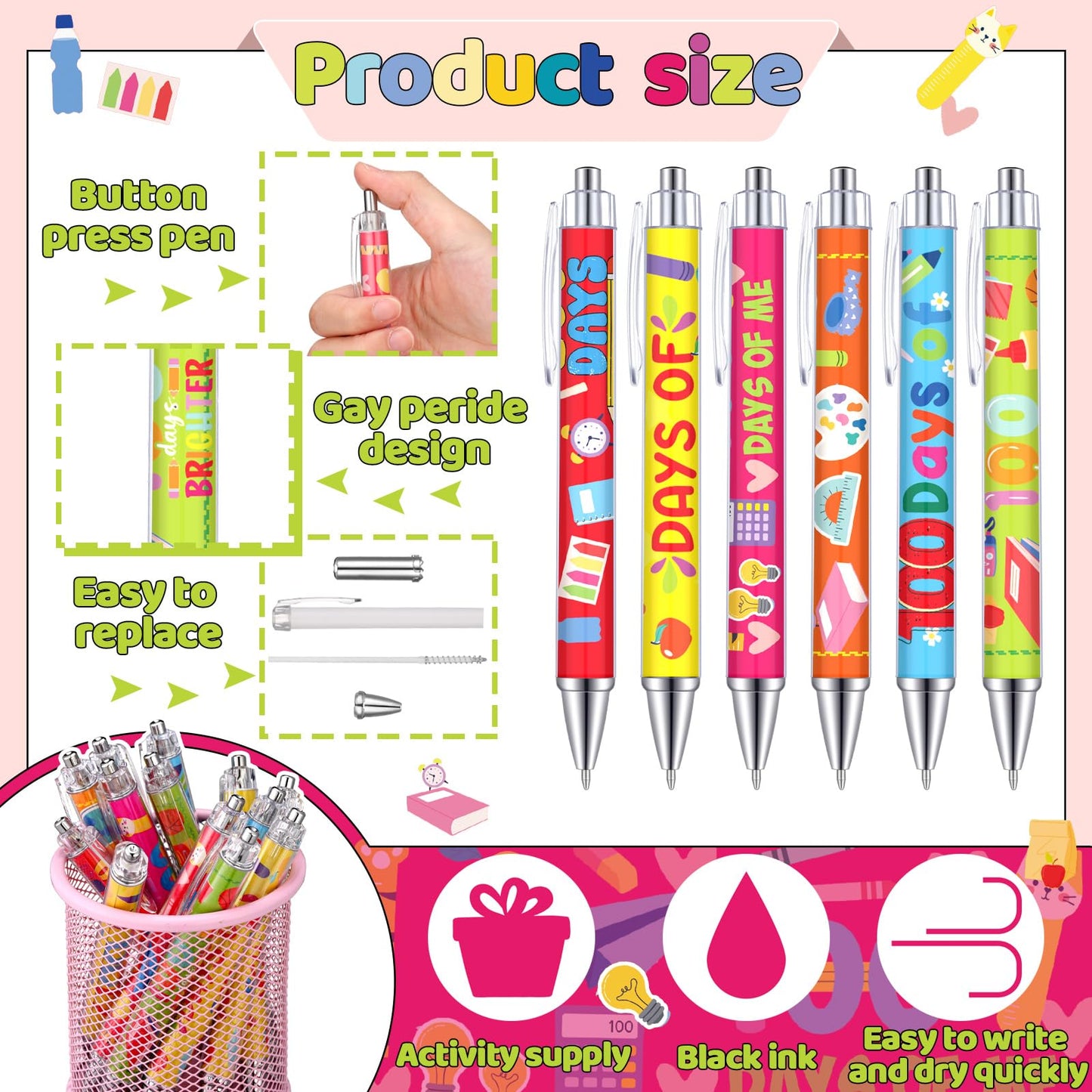 Weekgrat 48 Pcs 100 Days Ballpoint Pen 100 Days Black Ink Retractable Baby Shower Ballpoint Pens
