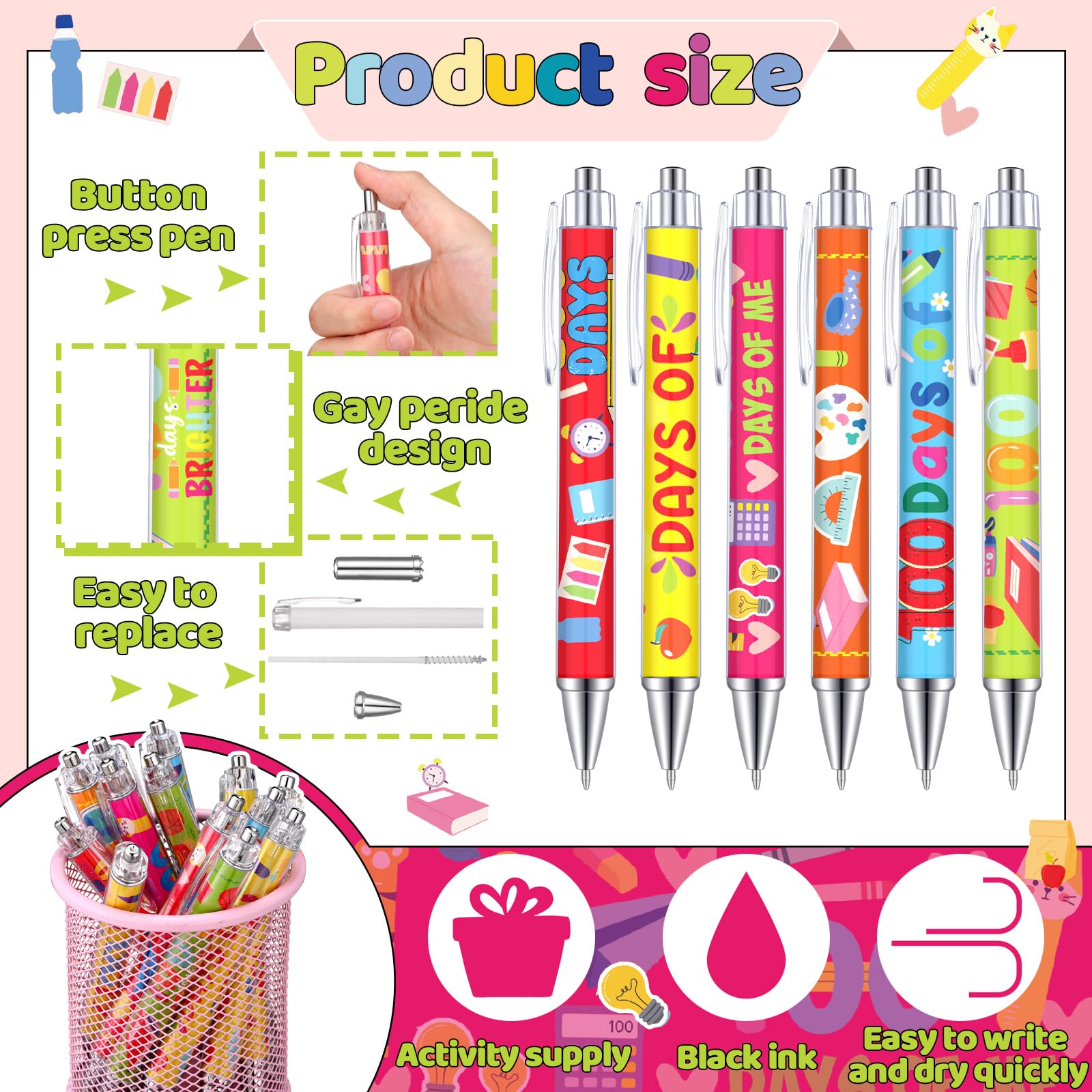 Weekgrat 48 Pcs 100 Days Ballpoint Pen 100 Days Black Ink Retractable Baby Shower Ballpoint Pens