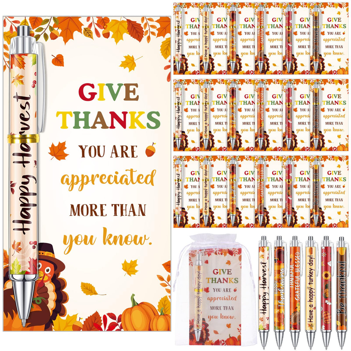 Marspark 30 Sets Fall Gifts Bulk Thanksgiving Ballpoint Pens and Cards