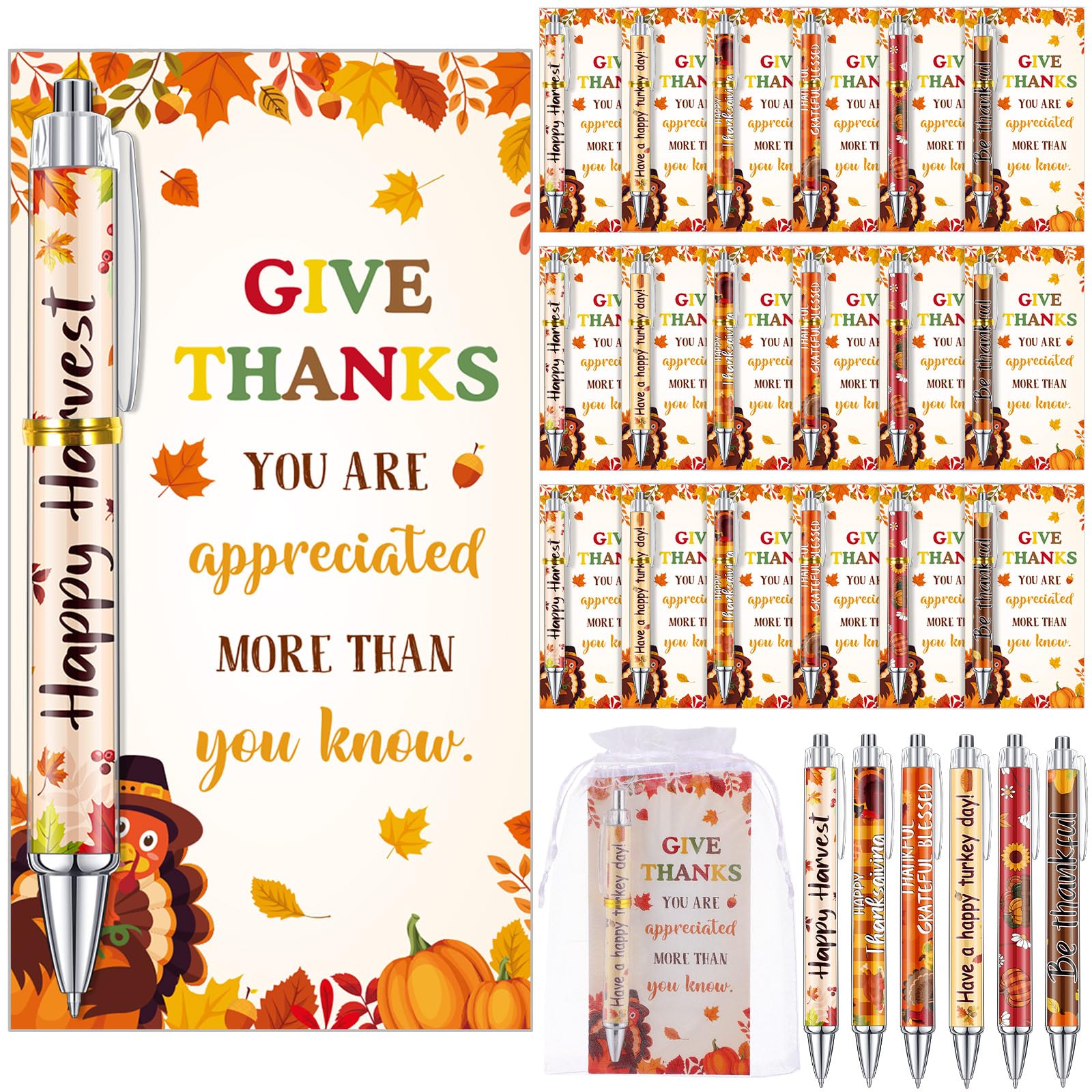 Marspark 30 Sets Fall Gifts Bulk Thanksgiving Ballpoint Pens and Cards