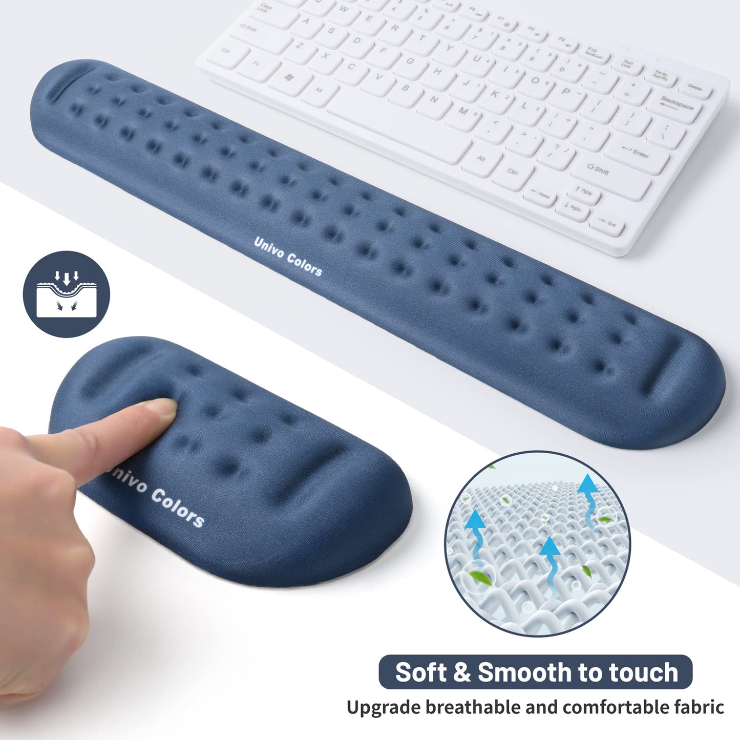 UnivoColors Navy Keyboard Wrist Support and Mouse Wrist Rest Set, Made of Memory Foam Soft Gel