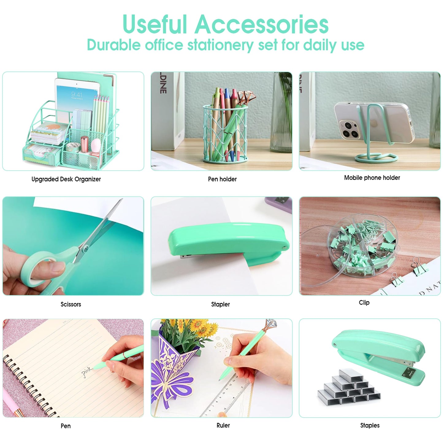 KAAKOW Green Desk Organizers and Accessories Office Supplies Set Stapler, Pen Holder, Phone Holder