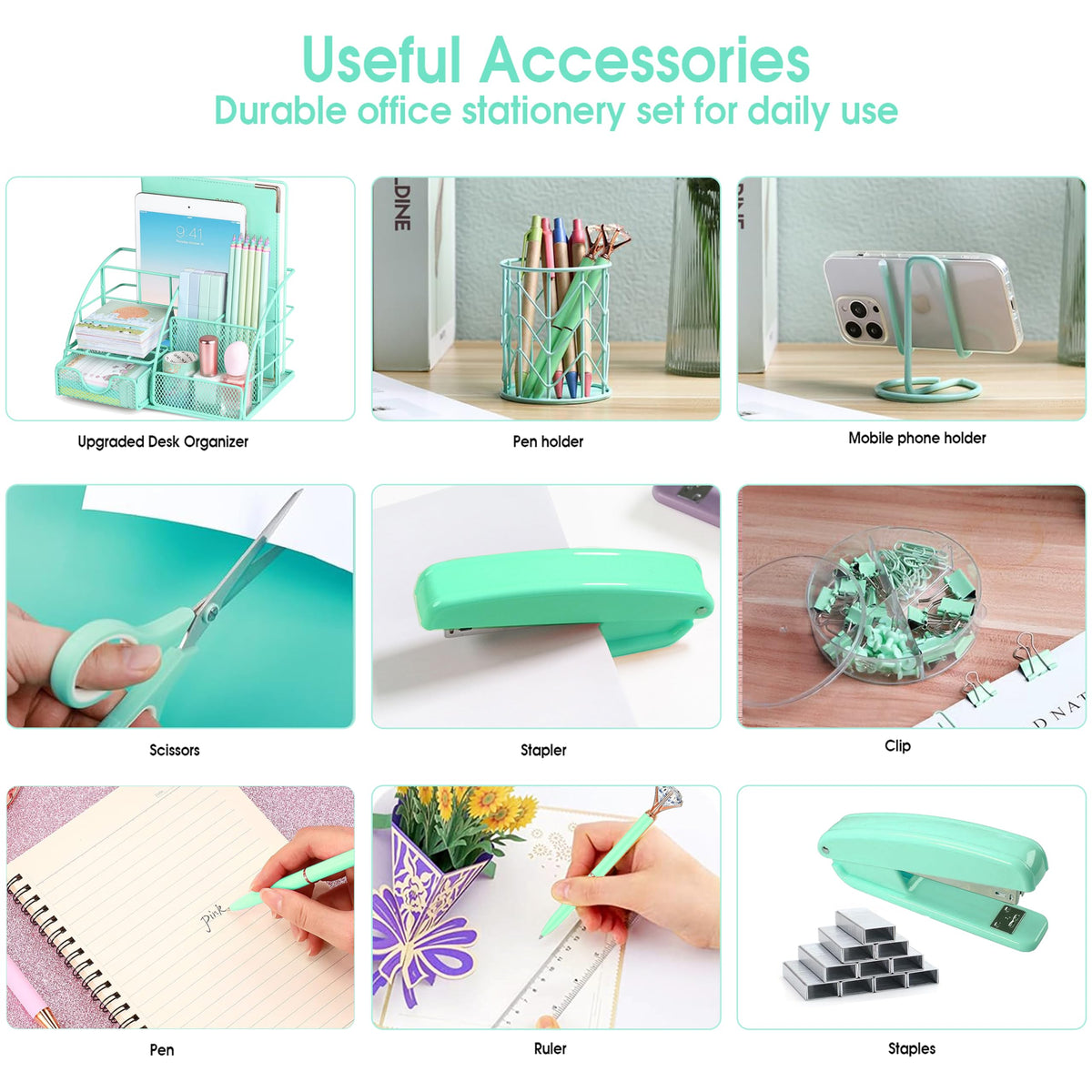 KAAKOW Green Desk Organizers and Accessories Office Supplies Set Stapler, Pen Holder, Phone Holder