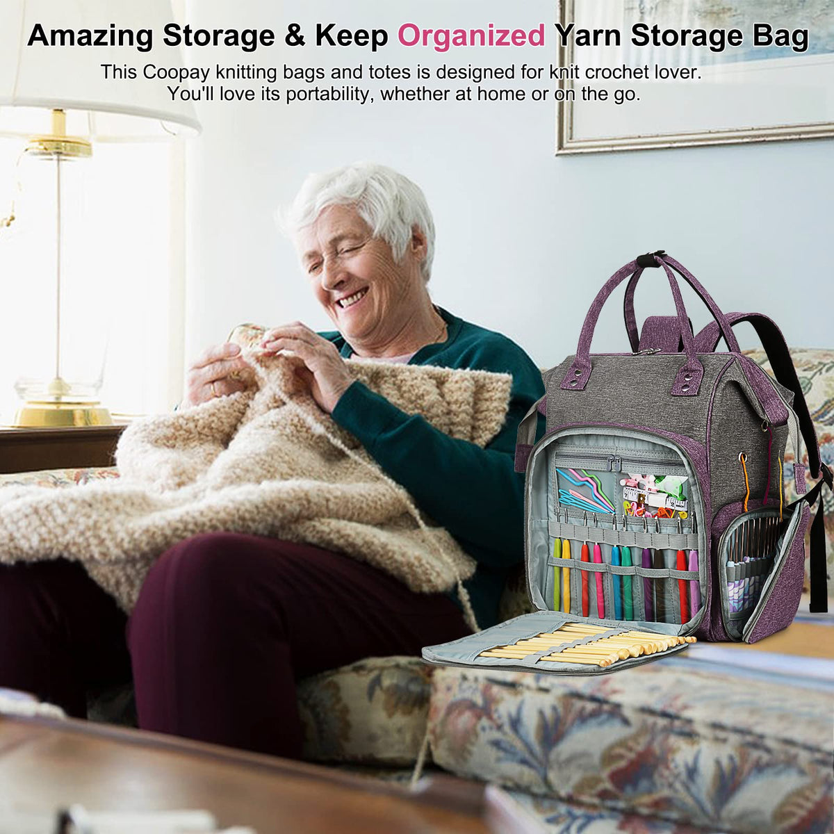 Coopay Knitting & Crochet Bag - Large Yarn Storage Backpack, Portable Organizer for Knitting