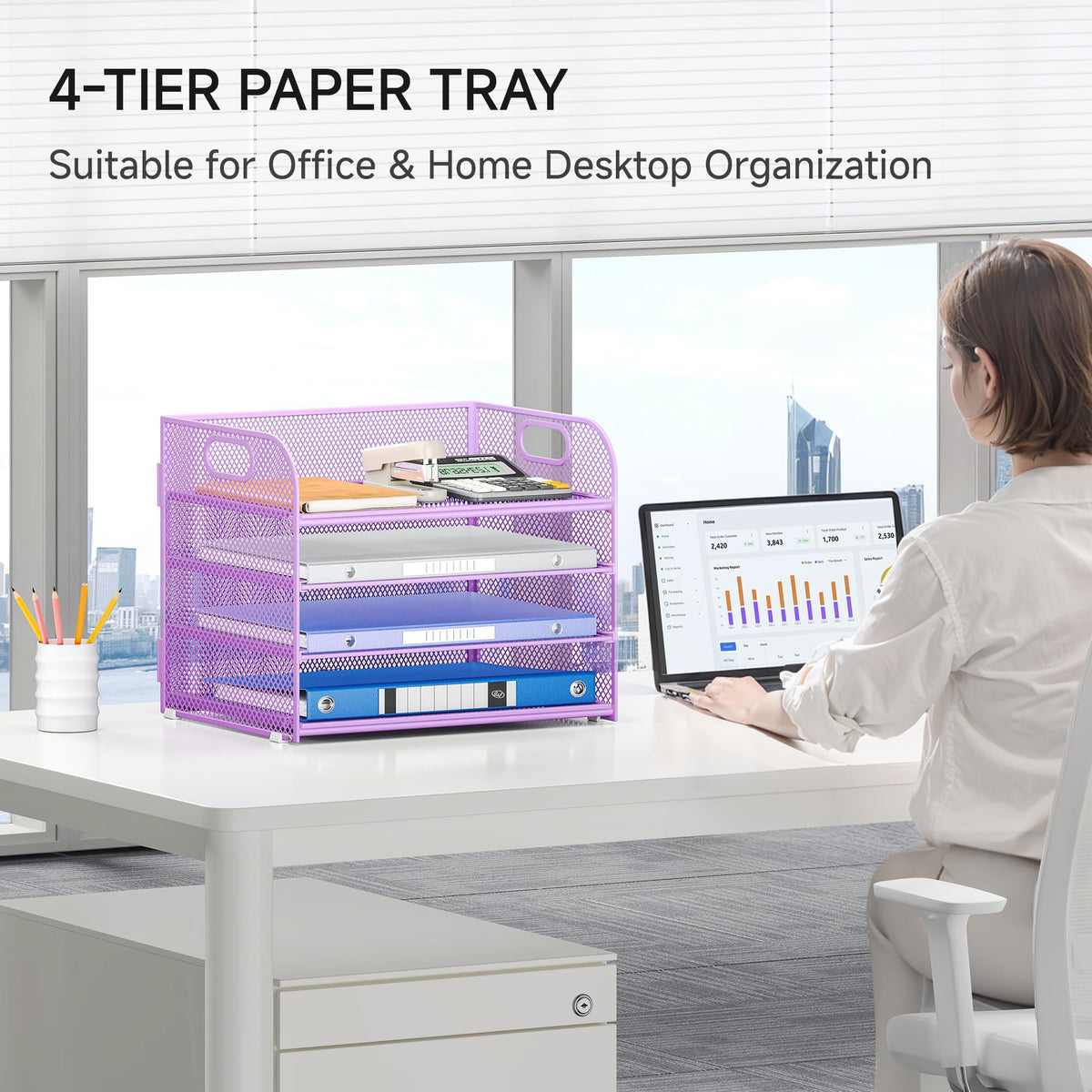 Lavatino 4-Tier Paper Organizer Trays - Purple Mesh File Folder Sorter with Handles, Desk Letter