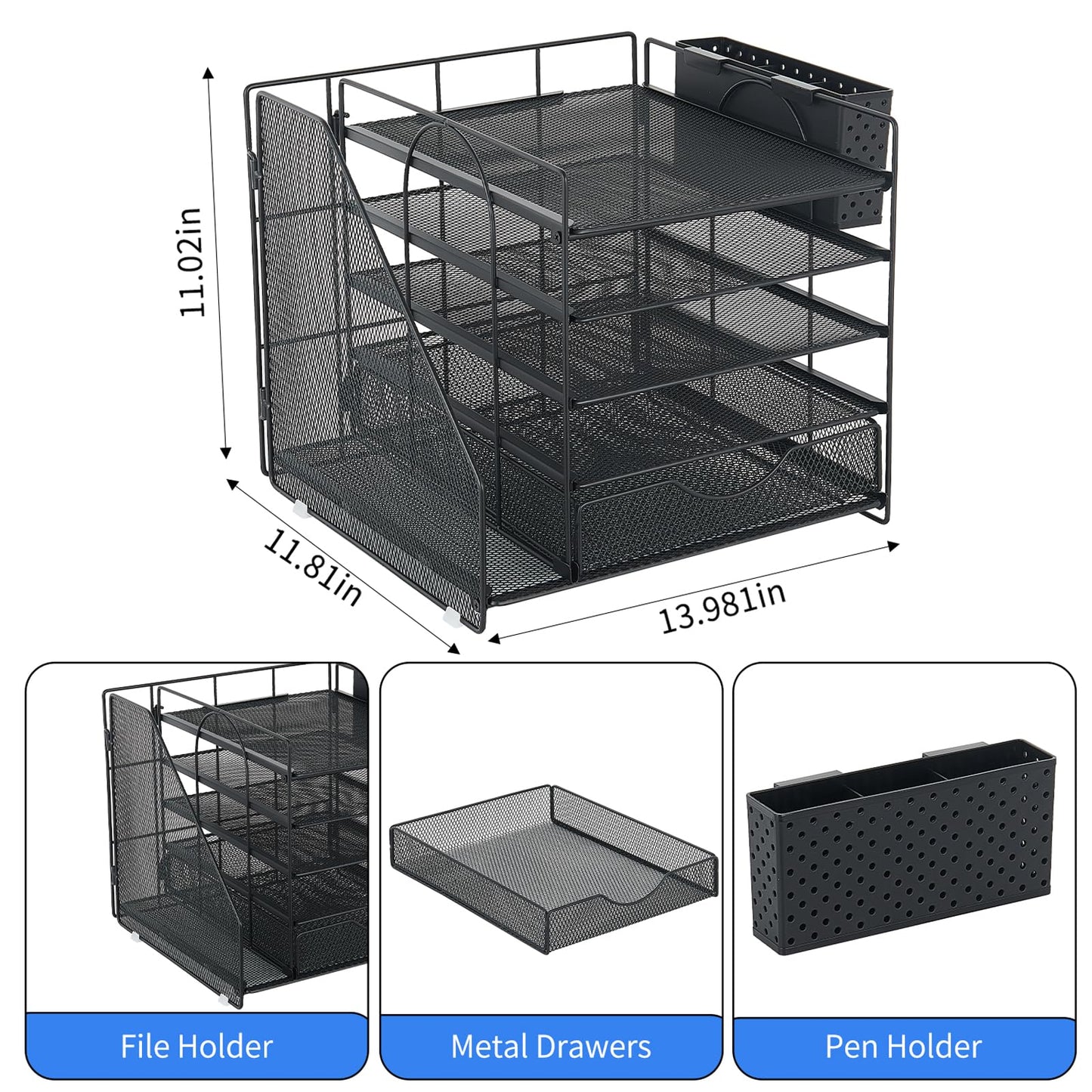 OUTIOE 5-Tier Desk Organizer with Drawer and Pen Holder, Black