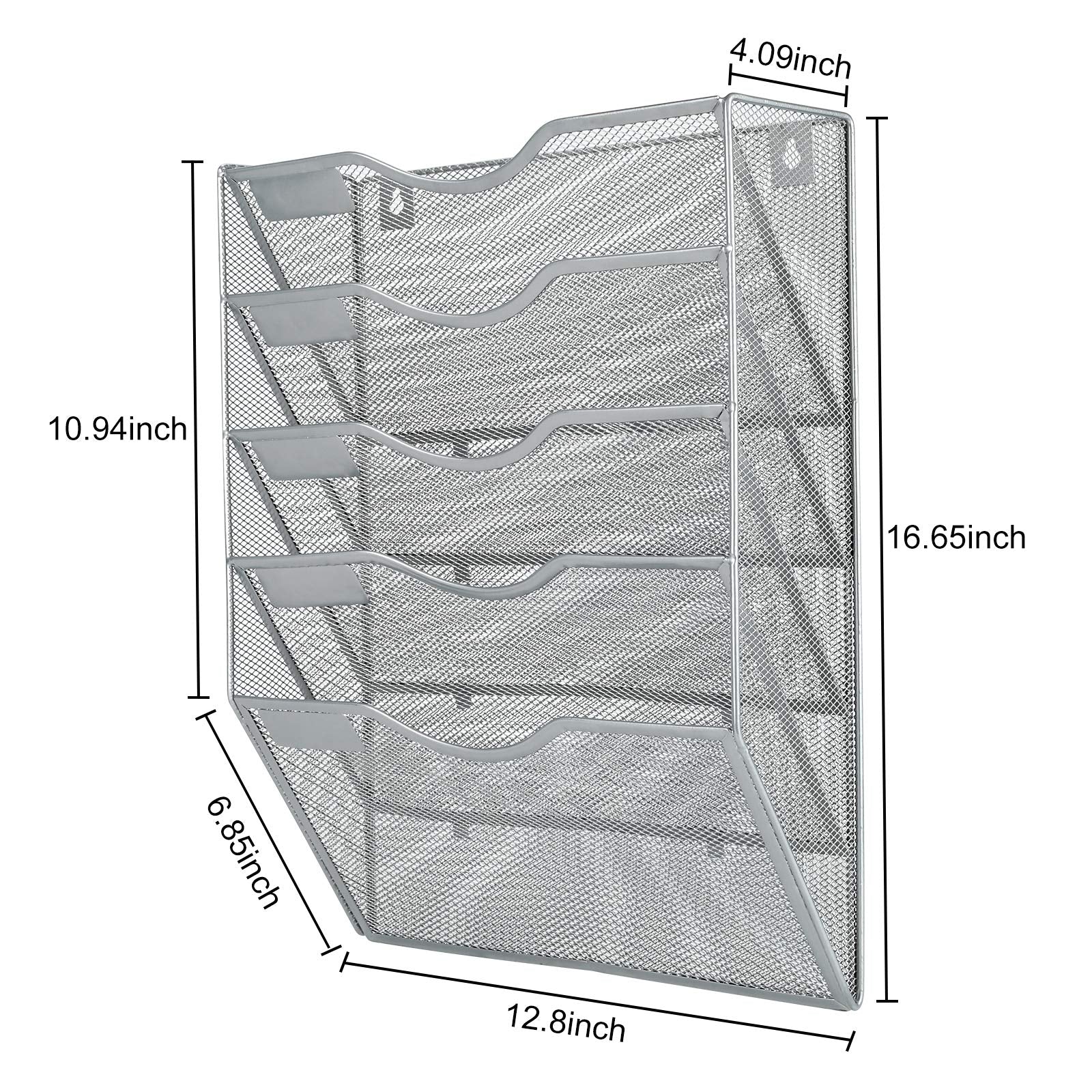 PAG-Mass Hanging Wall File Holder Mail Organizer Wall Mount Document Letter Rack, 5-Tier, Silver