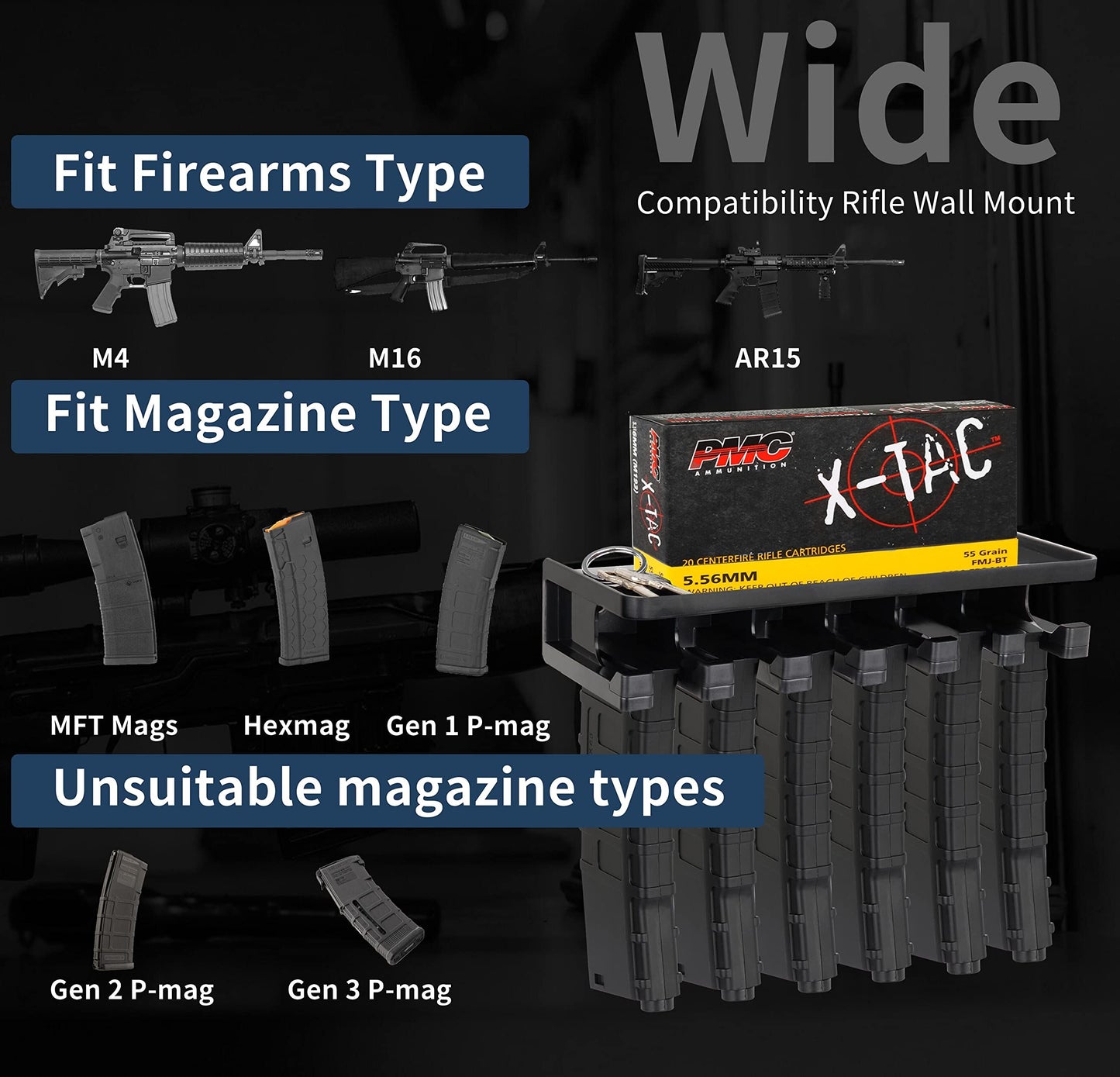 Adoreal Solid ABS Standard A15 Magazines Rack Wall Mount with Storage Shelf, Mag Holder Wall Mount