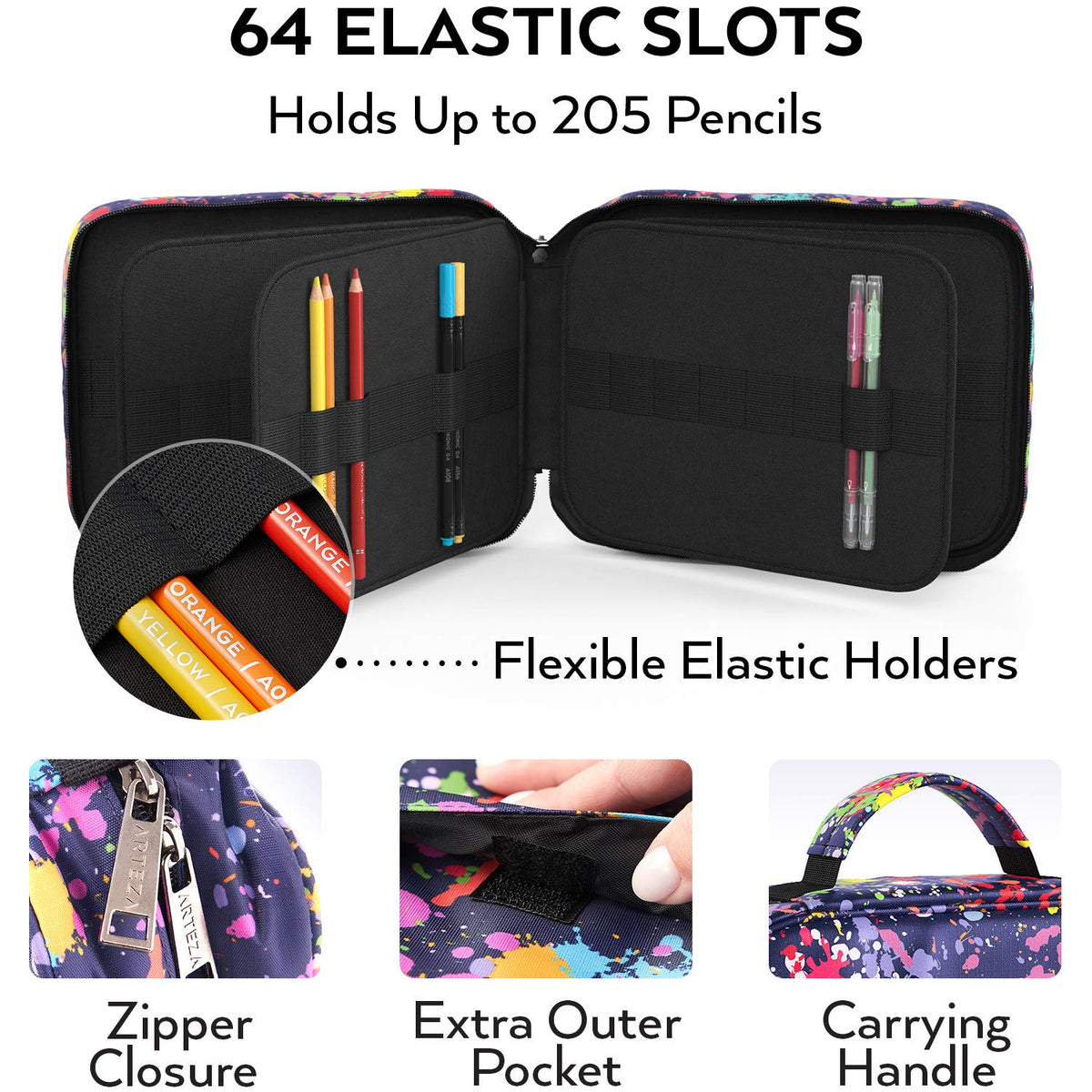Arteza Pencil Case Organizer, 64 Elastic Slots, Paint Splatter Pattern, Large Capacity, Holds Up to