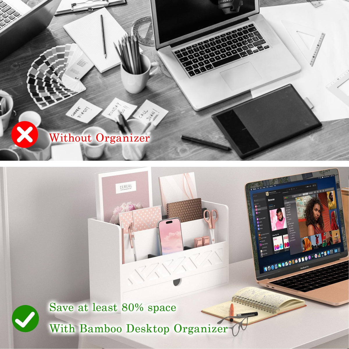 Wisuce Bamboo Mail Organizer with Drawer, Countertop Desk Organizer(White)