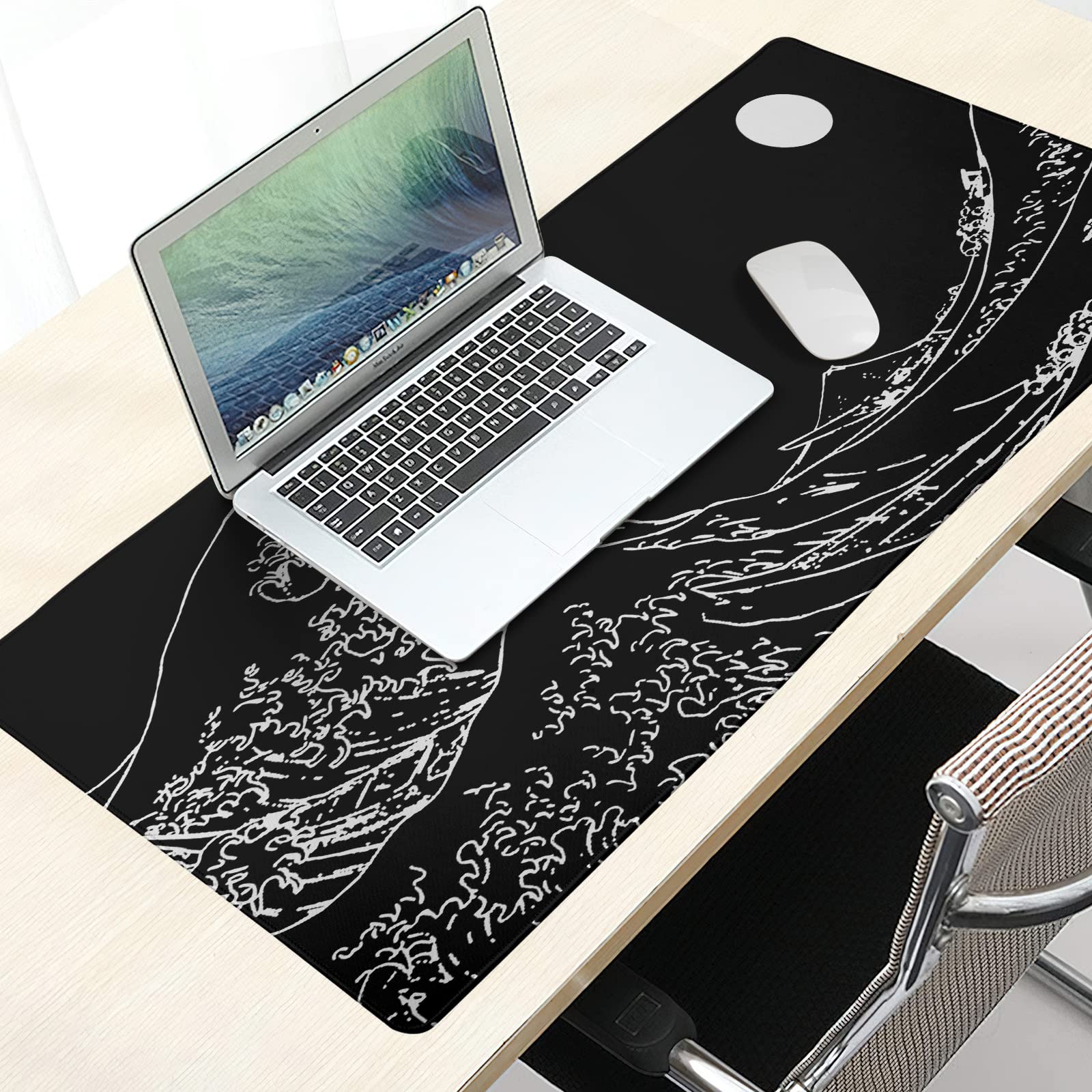Black and White Japanese Sea Wave Mouse Pad,Extended Large Gaming Mouse Pads 31.5x11.8 in,Japanese