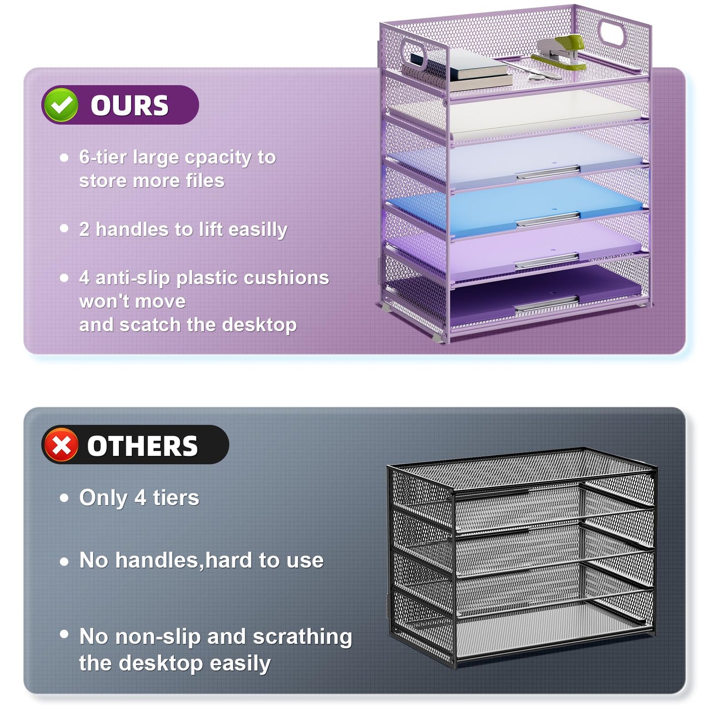 Marbrasse 6 Tier Paper Organizer Letter Tray - Mesh Desk File Organizer with Handle, Paper Sorter