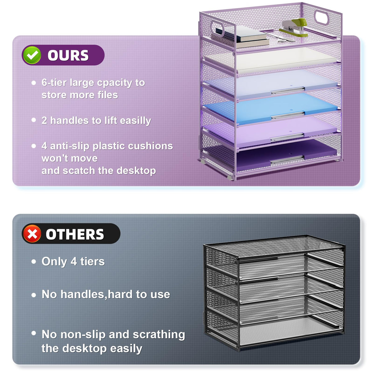 Marbrasse 6 Tier Paper Organizer Letter Tray - Mesh Desk File Organizer with Handle, Paper Sorter