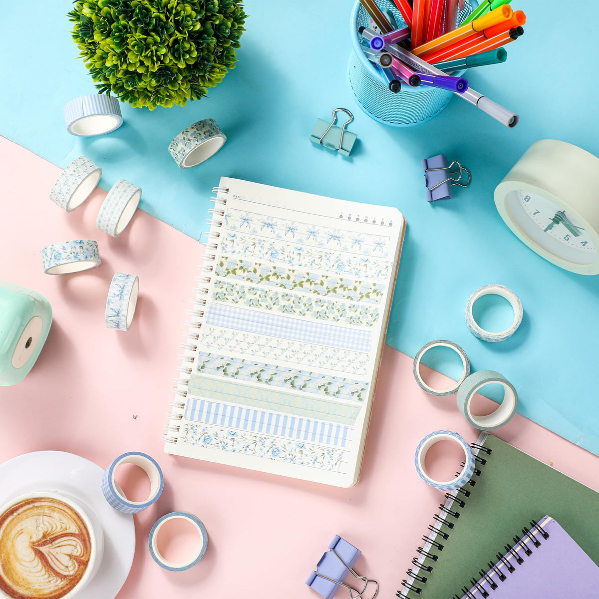 YooNotee 12 Rolls Floral Washi Tape Set,Dusty Blue,Rose and Hydrangea