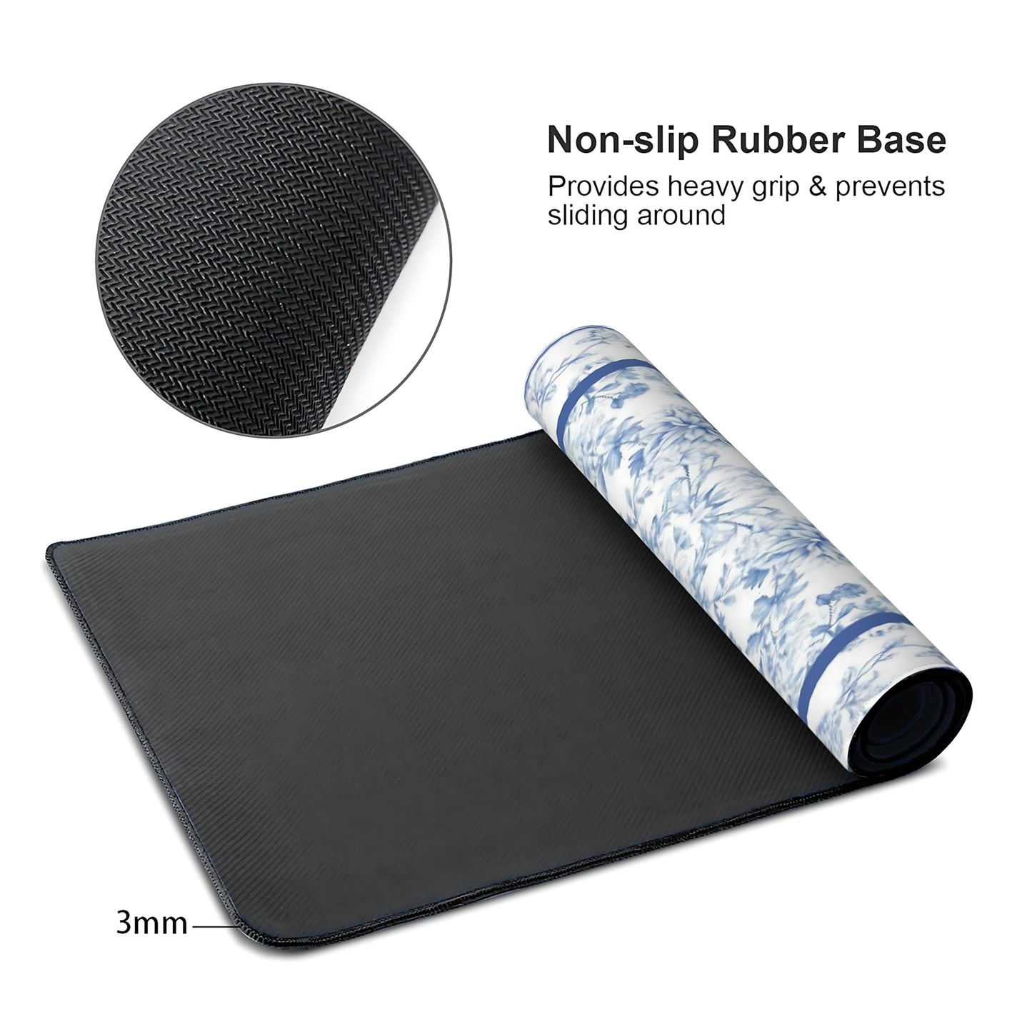 Floral Aesthetic Dahlia Gaming Mouse Pad, White Blue Rug Desk Mat with Anti-Slip Base & Stitched
