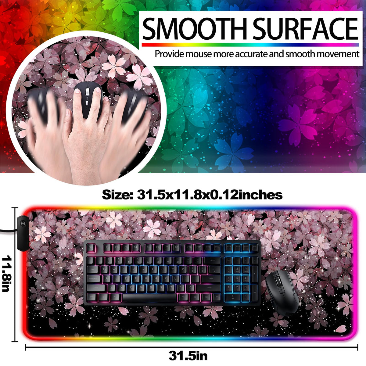 JIANG100 RGB Japanese Cherry Blossom Gaming Desk Mat & Mouse Pad, XL, Black