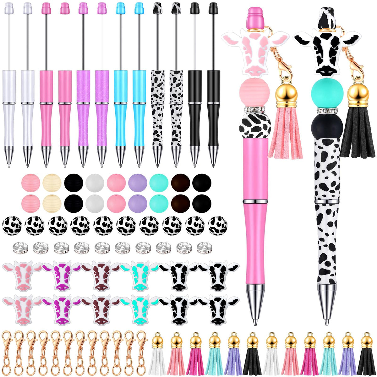 Tinlade 12 Beadable Pens Bulk with 50 Beads Multicolor DIY, Cow Style