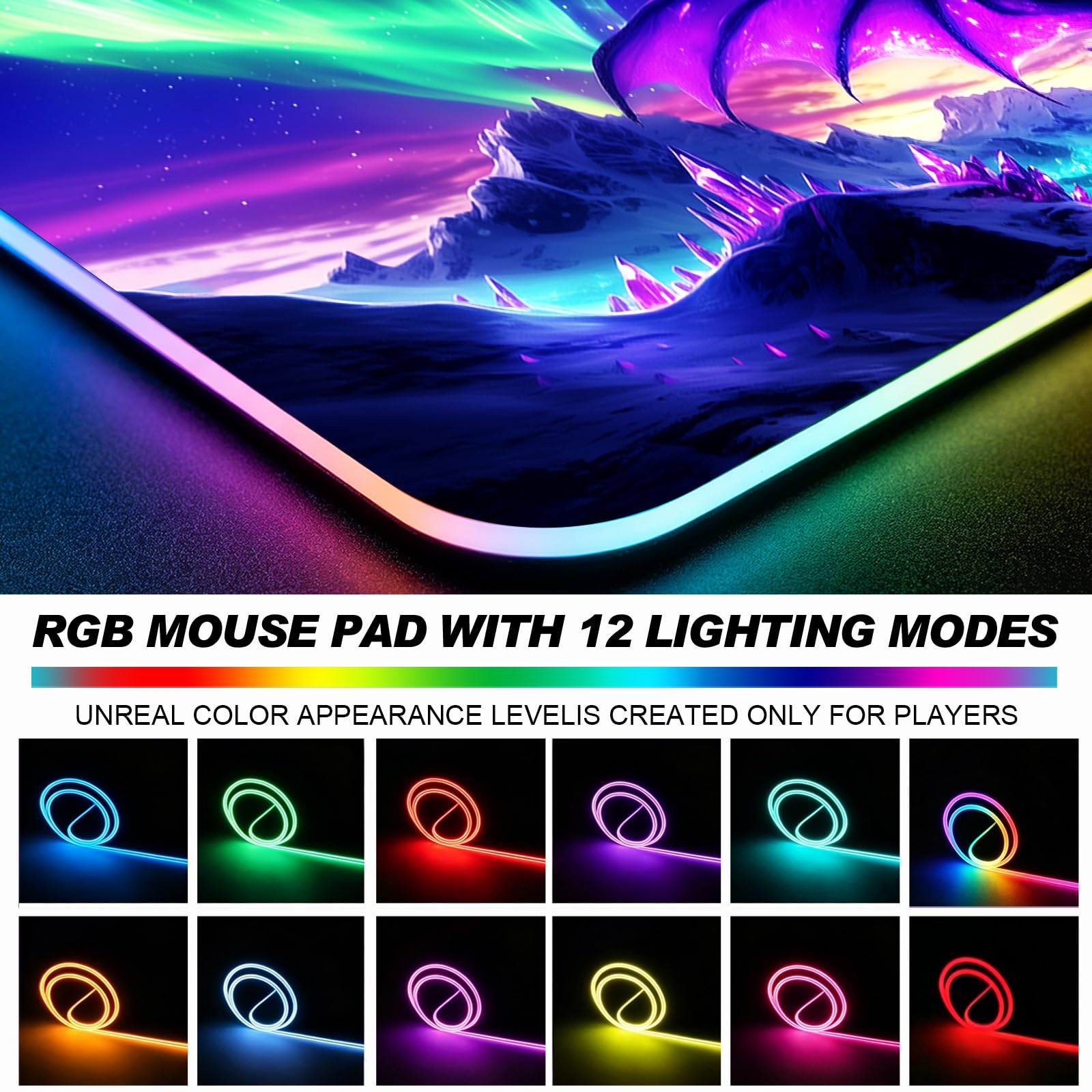 JIANG100 RGB Dragon Under Aurora Sky Gaming Desk Mat & Mouse Pad, XL