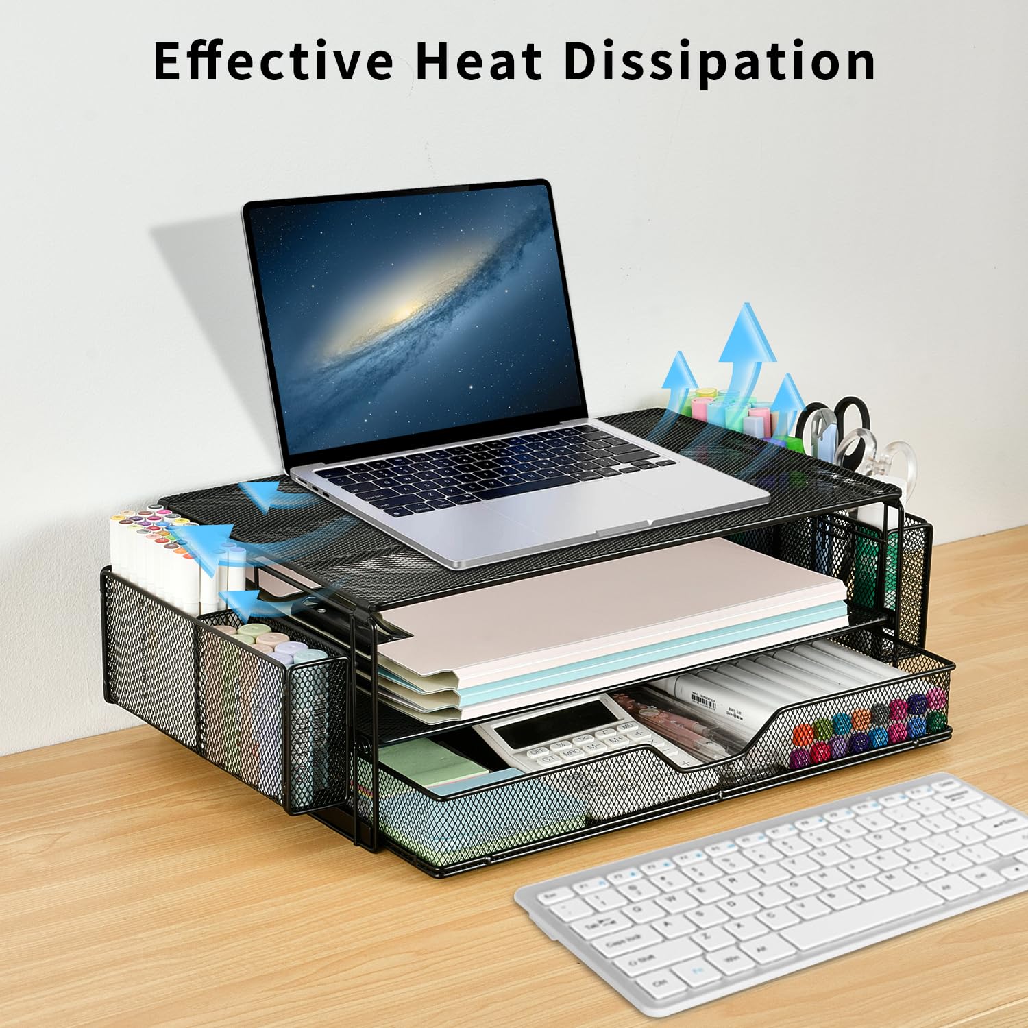 AUPSEN 2 Tier Computer Monitor Stands with Drawer and 2 Pencil Holder, Metal Monitor Stand Monitor