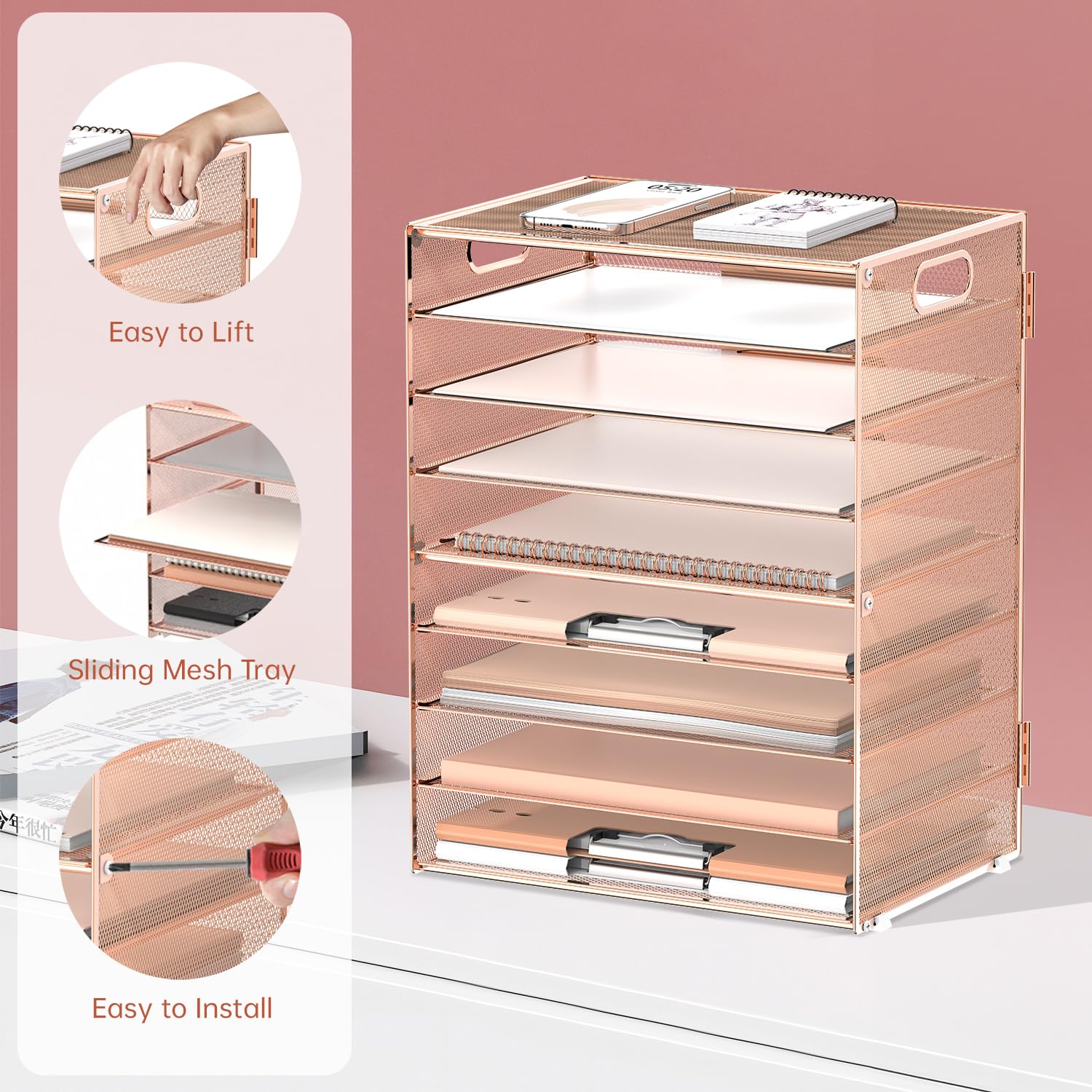 9-Tier Paper Organizer for Desk, Metal Letter Tray with Handles, Gold Rose