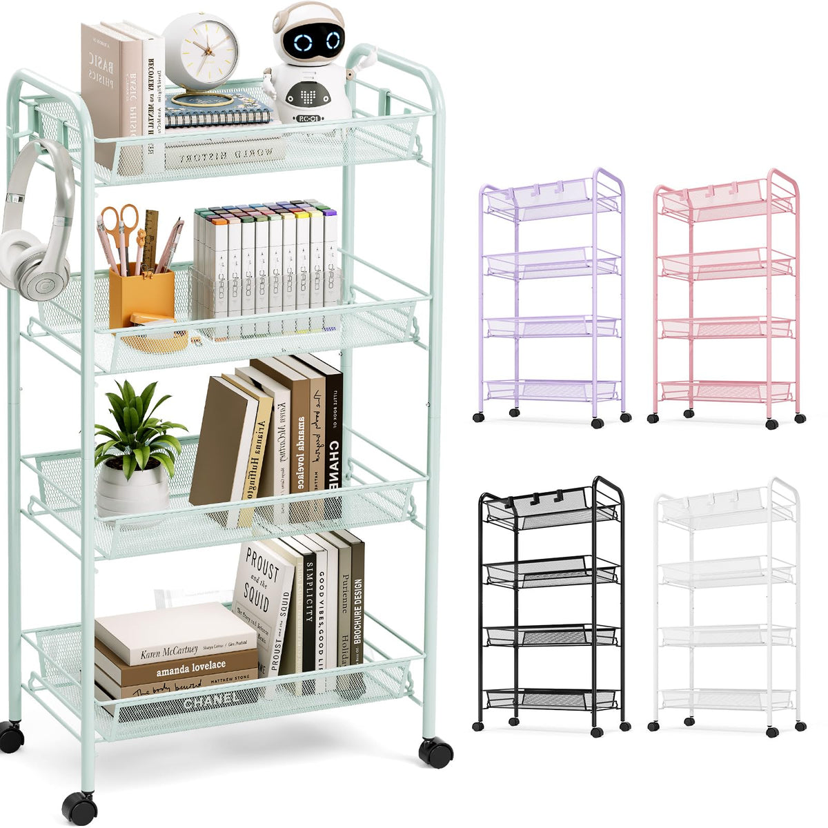 TOOLF 4 Tier Rolling Cart, Metal Utility Storage Cart with Wheels, Green