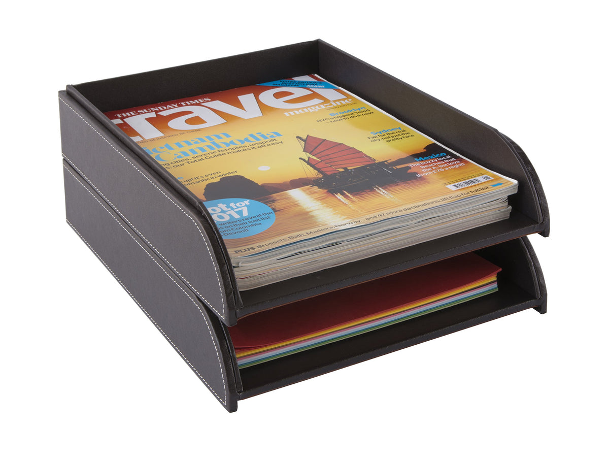 OSCO Brown Faux Leather Letter Tray | A4 | Easily Stackable | Desk File Organiser | Paper Storage |