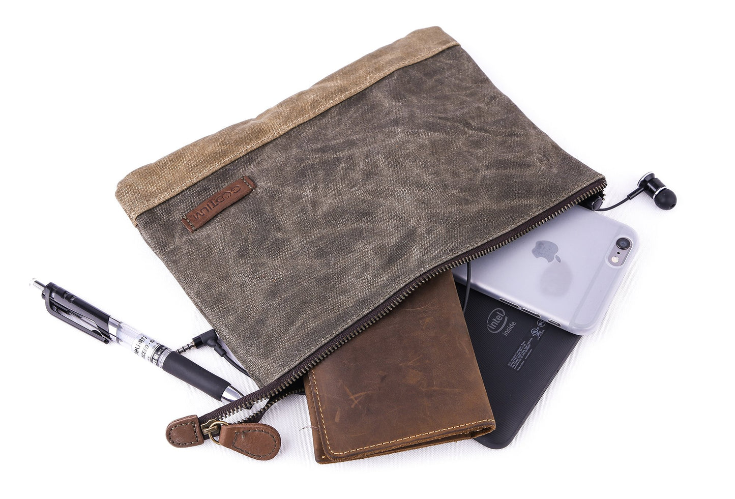 GOOTIUM Waxed Canvas Zip Pouch Set - Zippered Makeup Bag Office Supply Folio Pencil Bag