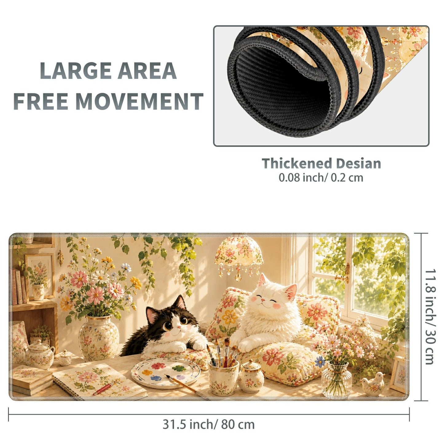 Floral Art Cats Large Mouse Pad, 31.5 x 11.8 in Extended Desk Mat