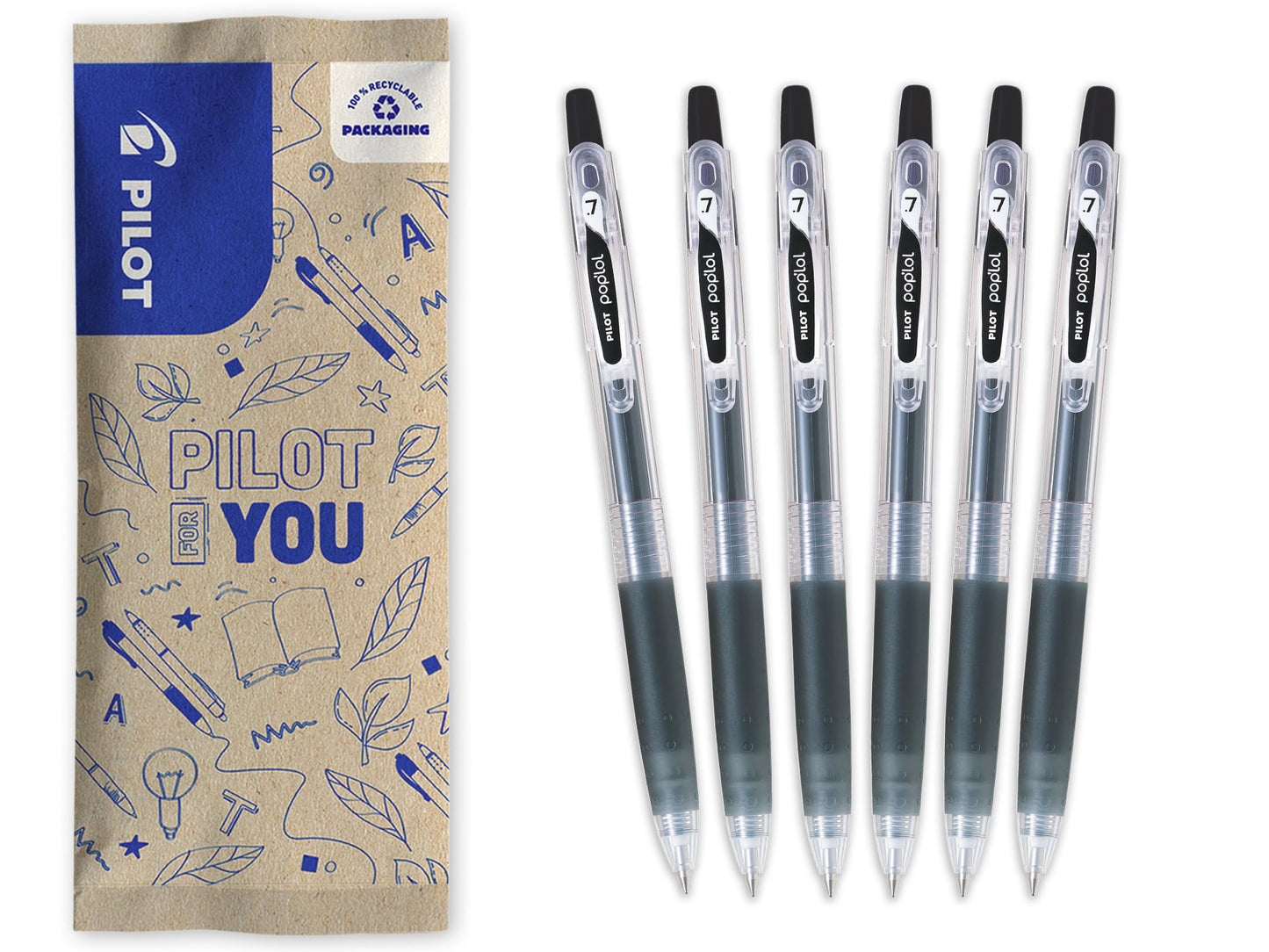 PILOT - Set of 6 Pop'Lol - Gel Ink Roller - Printable and Refillable - Smooth Writing - Black