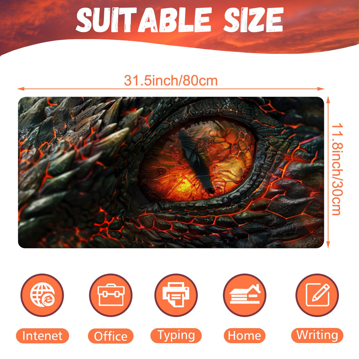 KOAIWPAE Desk Pad, Fire Dragon Eyes Gaming Mouse Pad, 31.5"x15.7" Extended Big Computer Keyboard