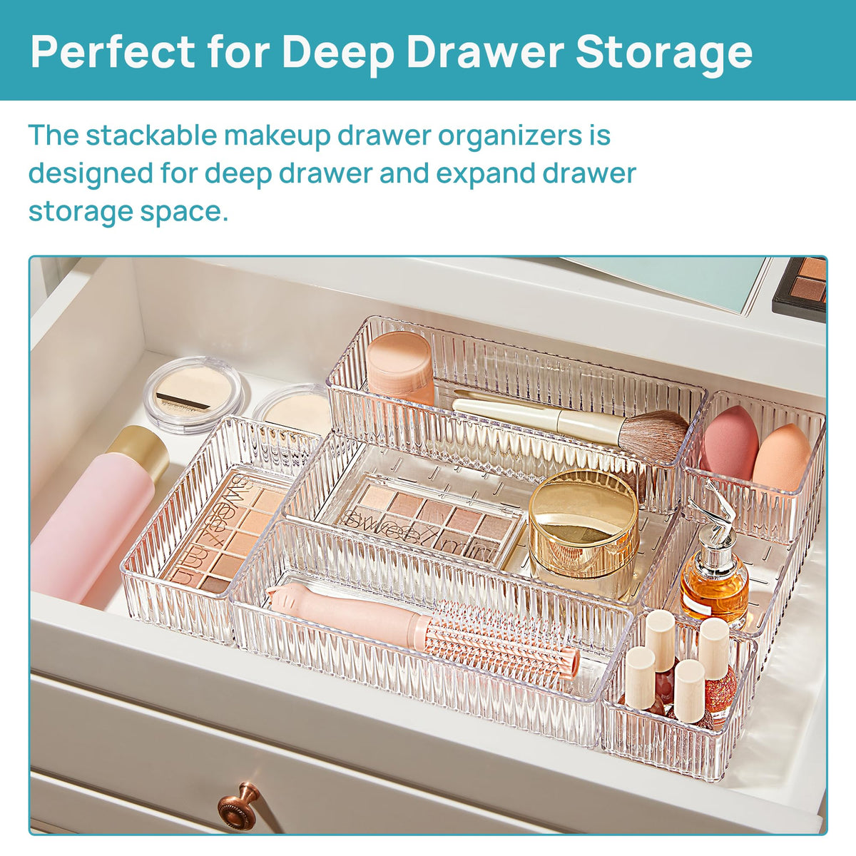 Vtopmart 7 PCS Clear Makeup Drawer Organizers Bins, 4-Size Stackable Makeup and Vanity Organizer