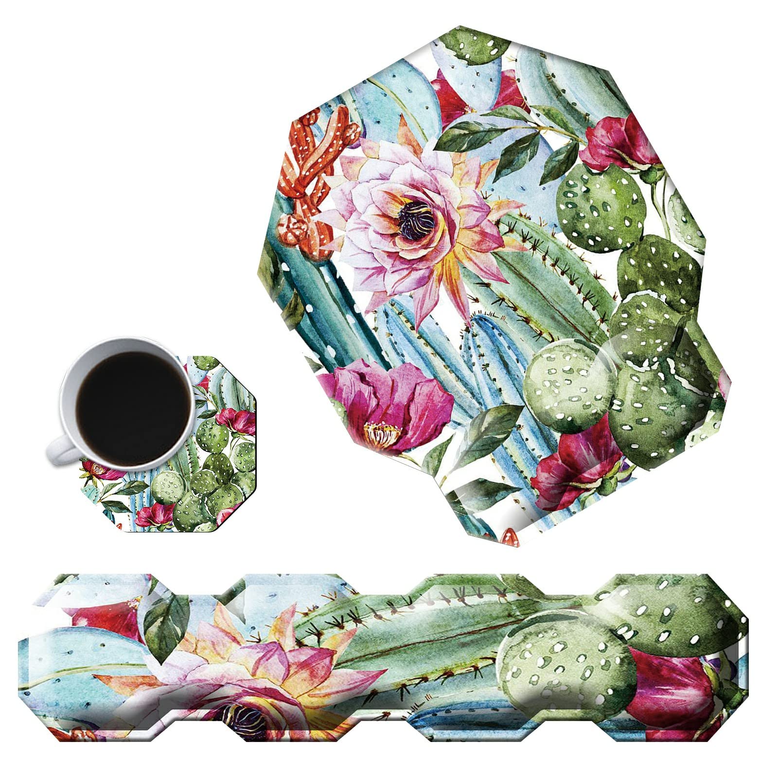 Cactus Succulent Keyboard Wrist Support Pad Mouse Pad with Wrist Rest Matching Coasters, Ergonomic
